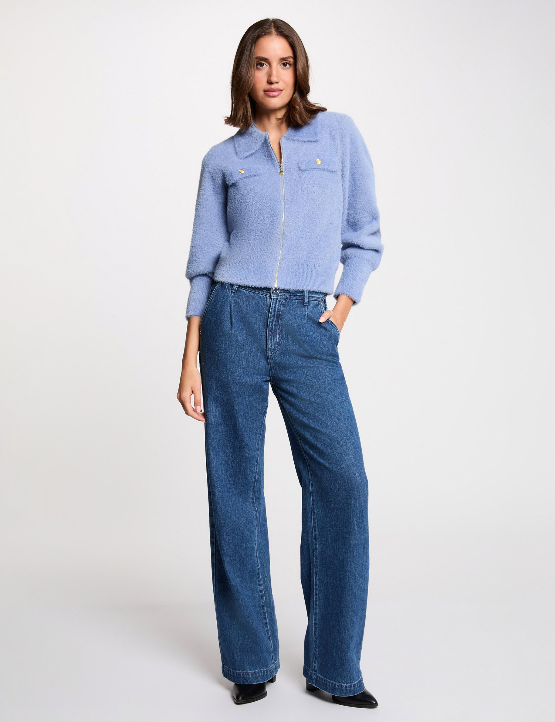 Long-sleeved cardigan with lapel collar blue women