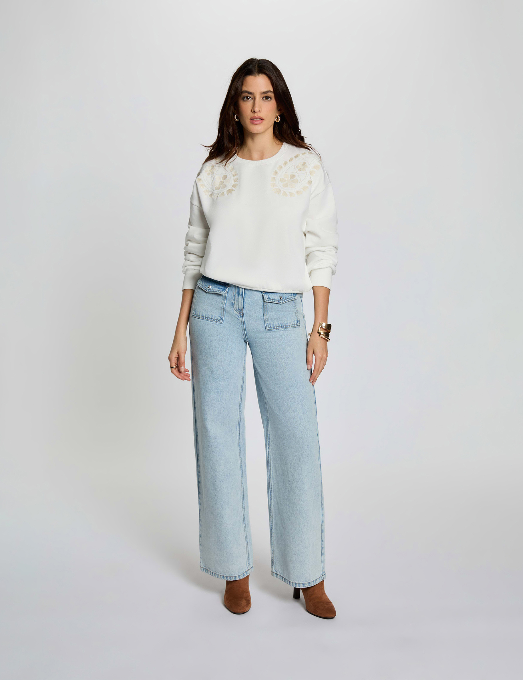 Embroidered knit sweater white women