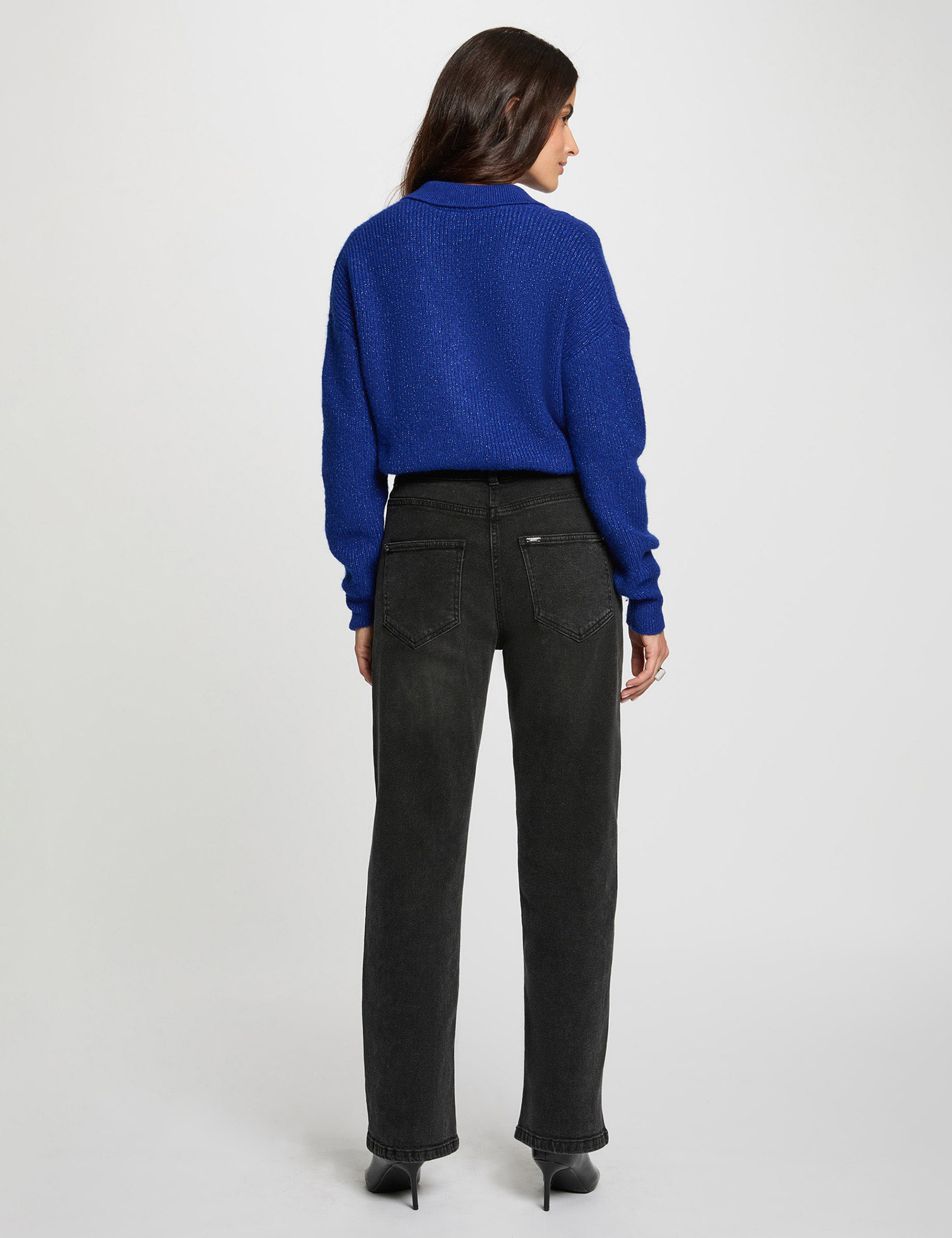 cropped sweater with notched collar petroleum blue women Cropped sweater with notched collar petroleum blue women