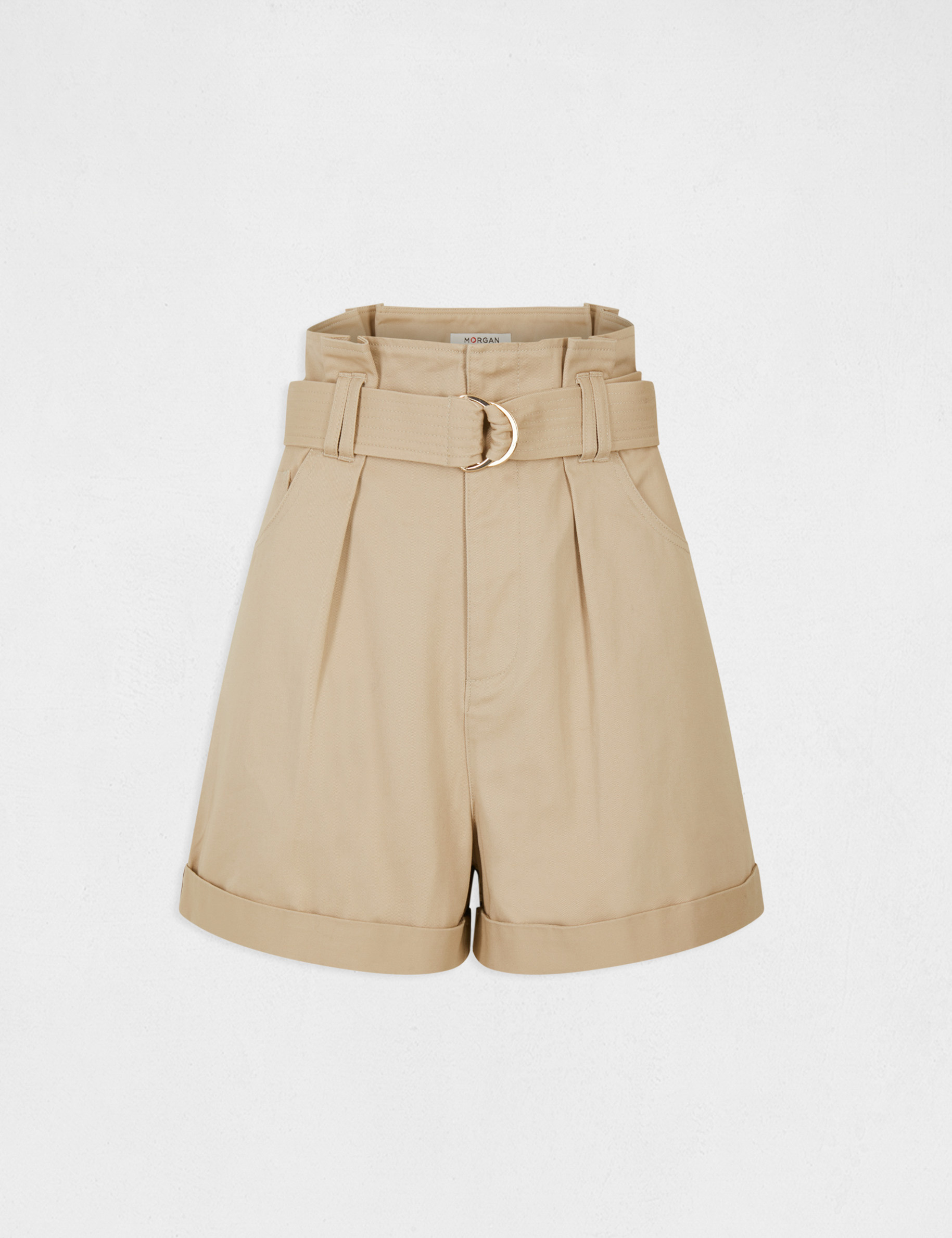 High-waisted loose belted shorts beige ladies' High-waisted loose belted shorts beige ladies'