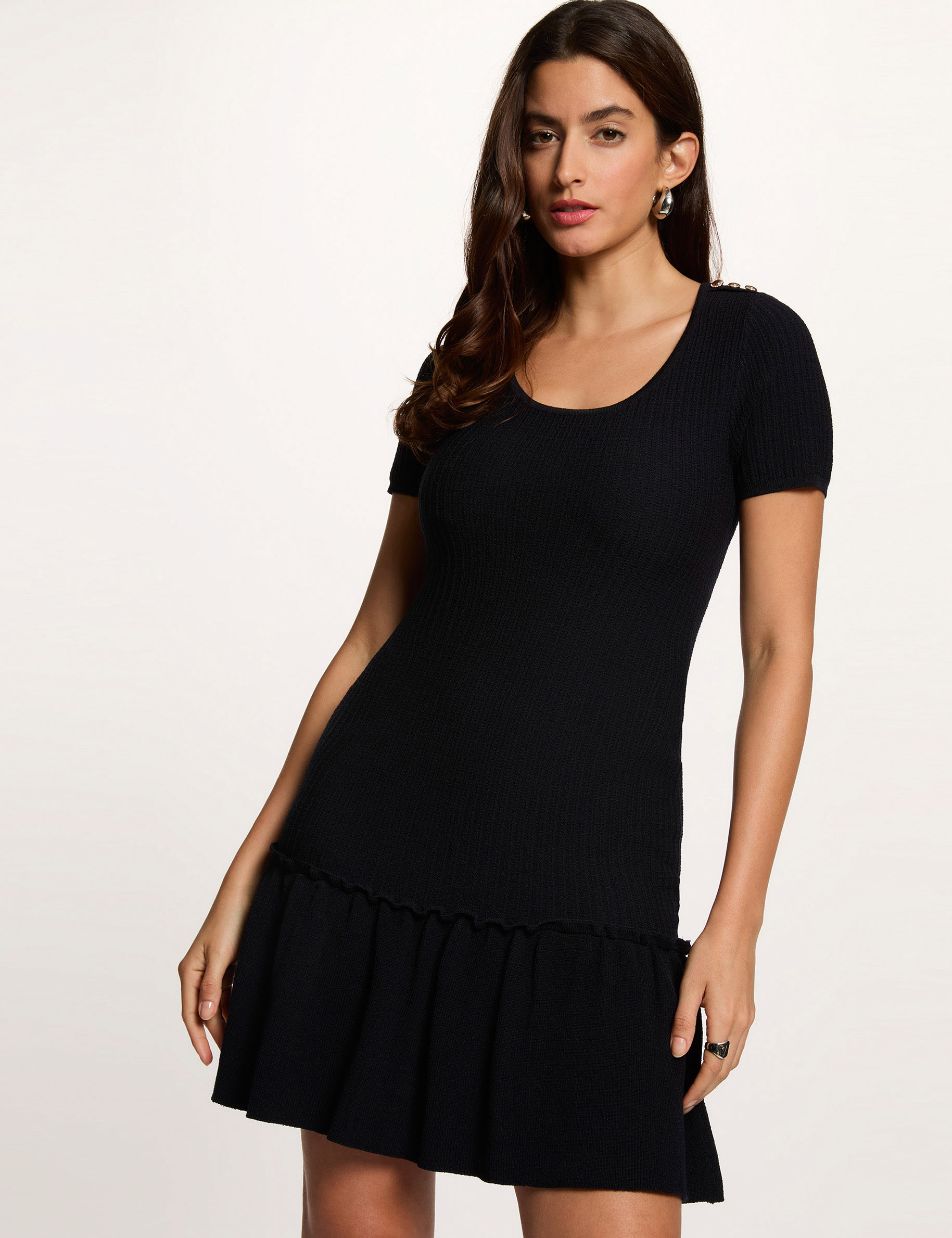 Knitted dress with U-neck navy blue women