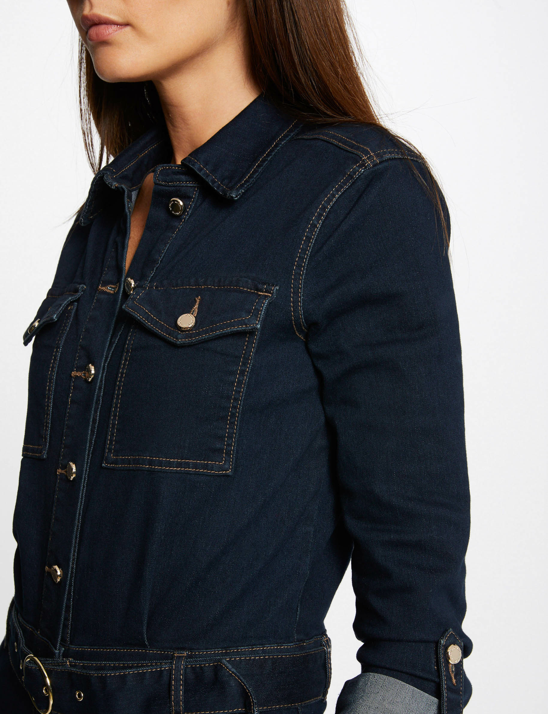 Fitted buttoned denim jumpsuit raw denim ladies'