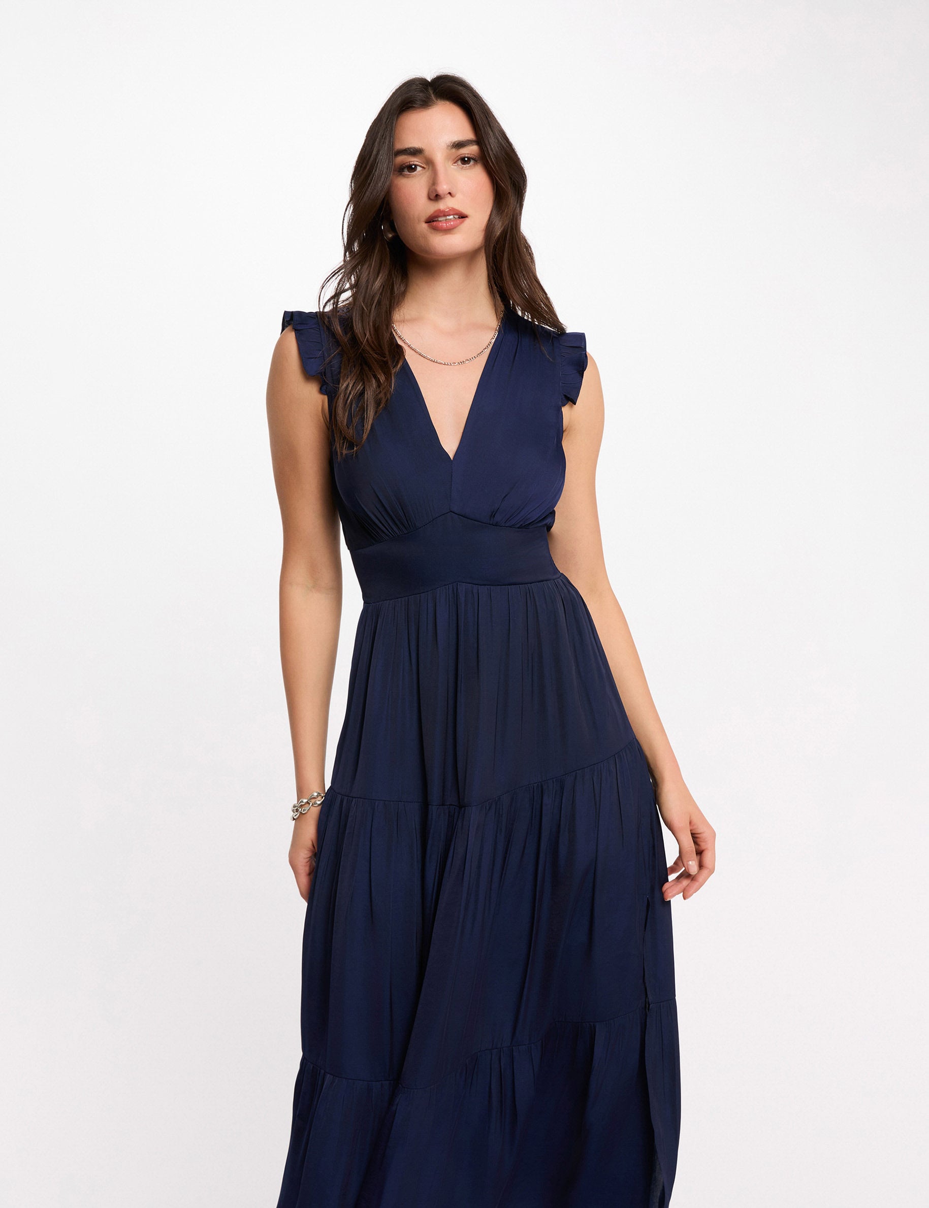 Long dress with V-neck navy blue women