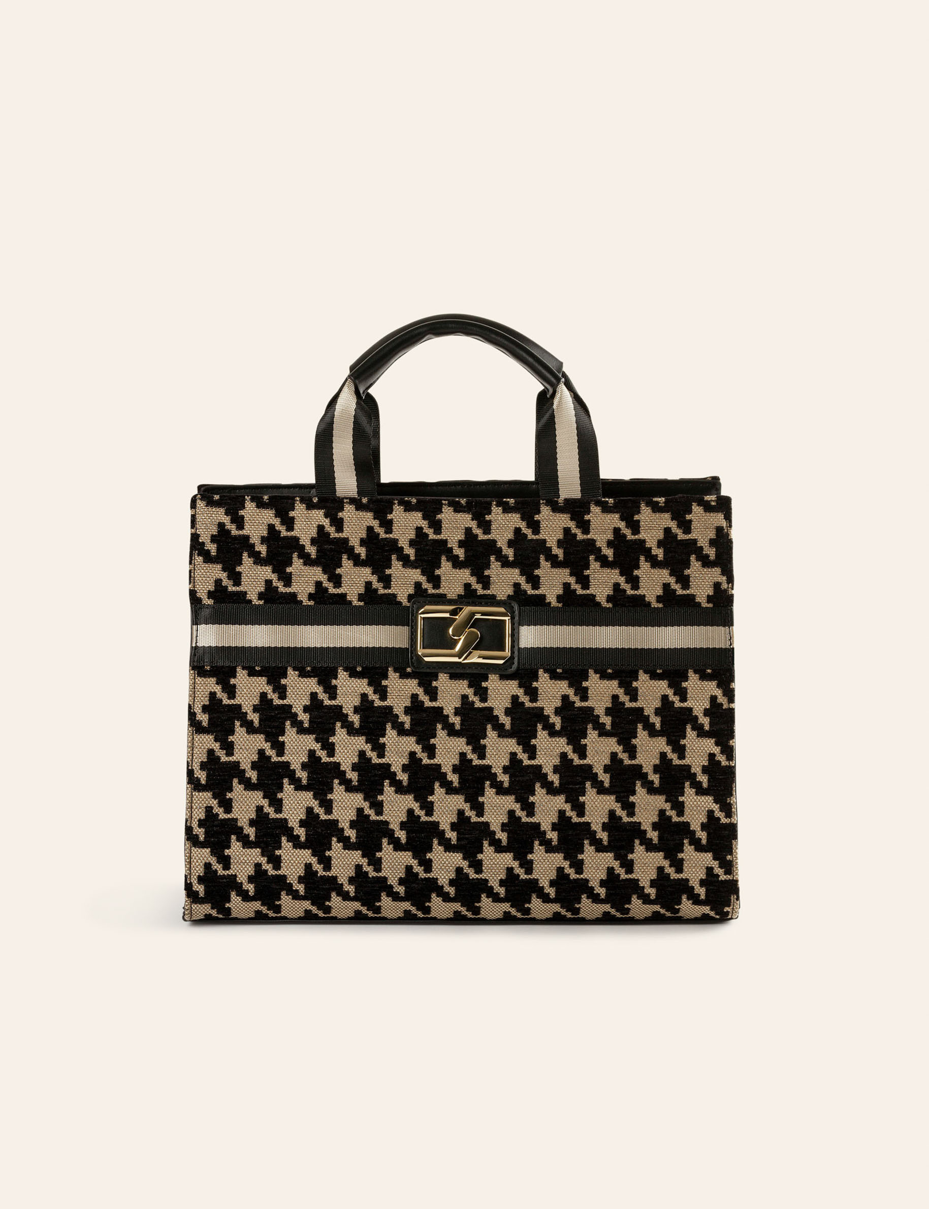 Tote bag with houndstooth print chestnut brown ladies'
