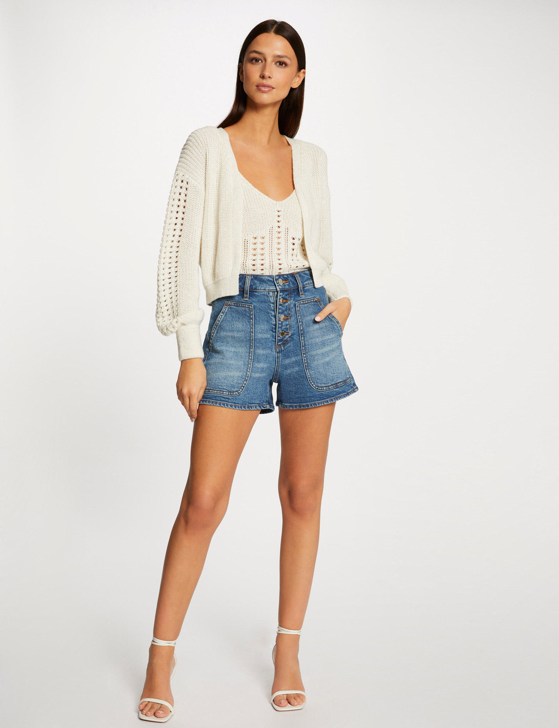 Long-sleeved cardigan openwork details beige ladies'