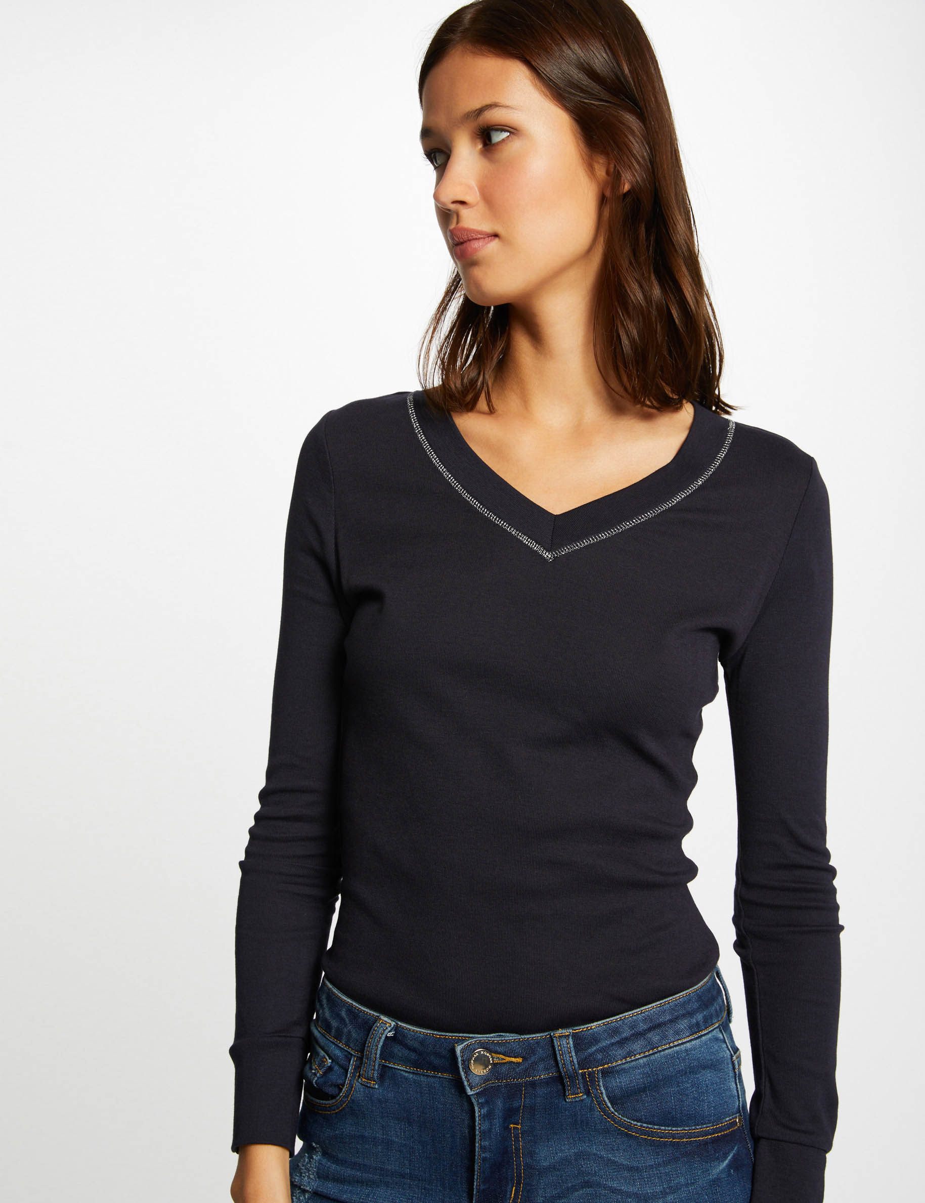 Long sleeved t shirt with V neck navy ladies Morgan