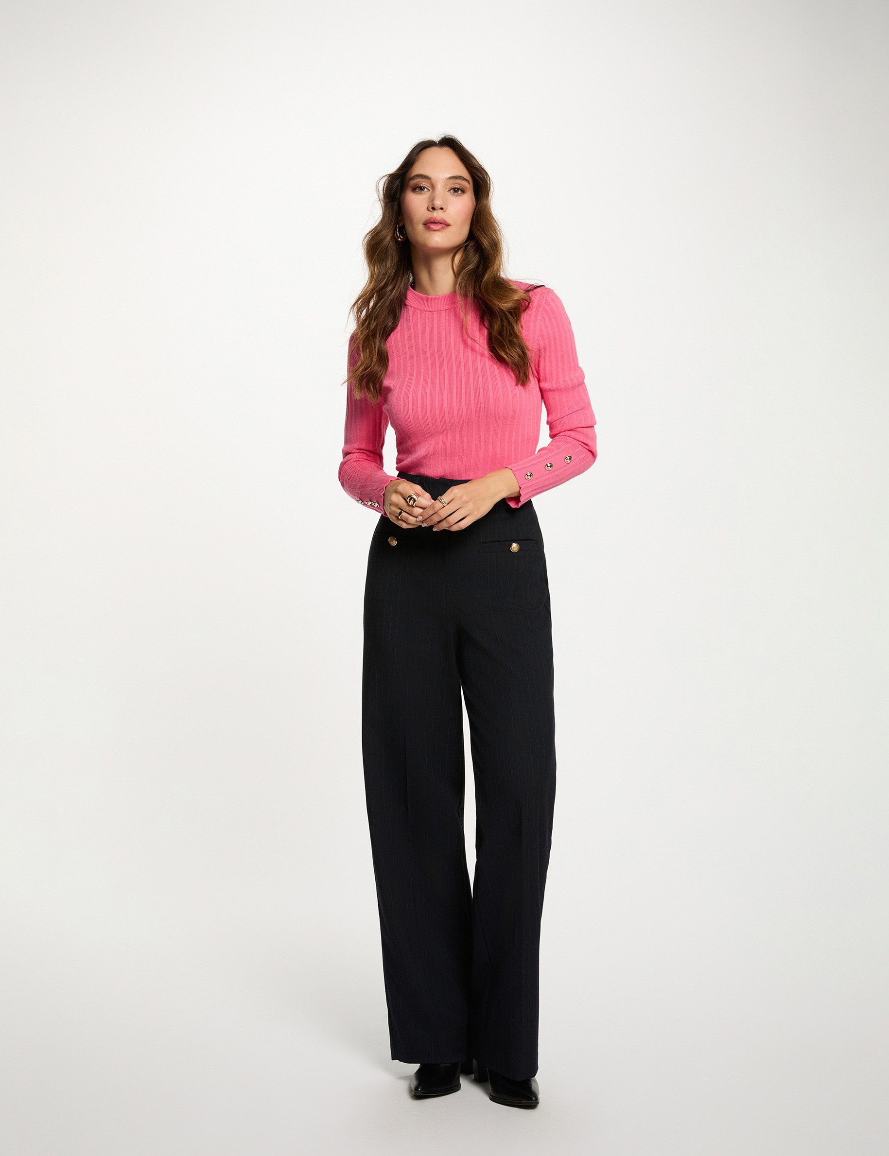 pull ajuste col cheminee rose fushia femme Pull ajusté col cheminée rose fushia femme