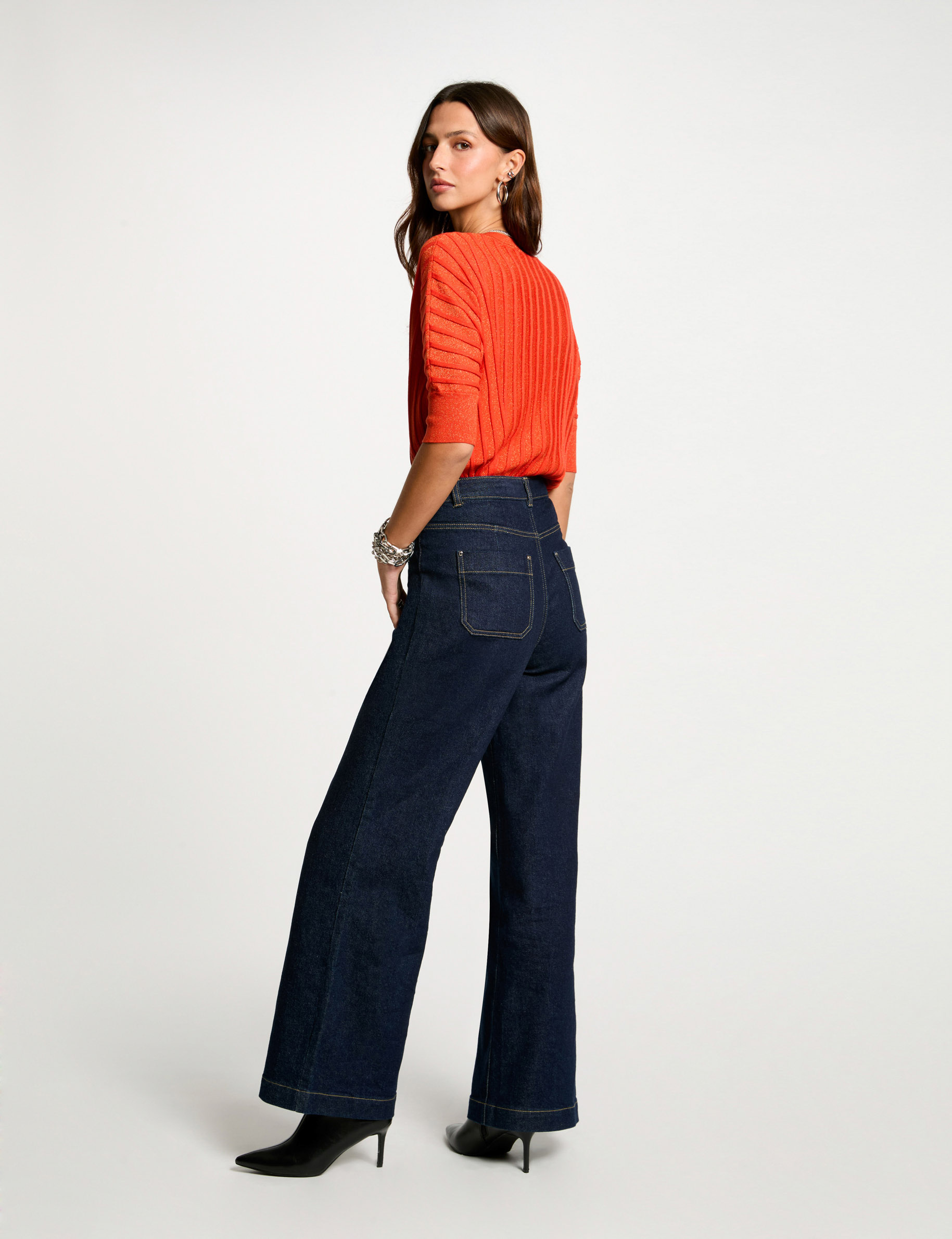 pull manches 34 col en v orange fonce femme Pull manches 3/4 col en V orange foncé femme