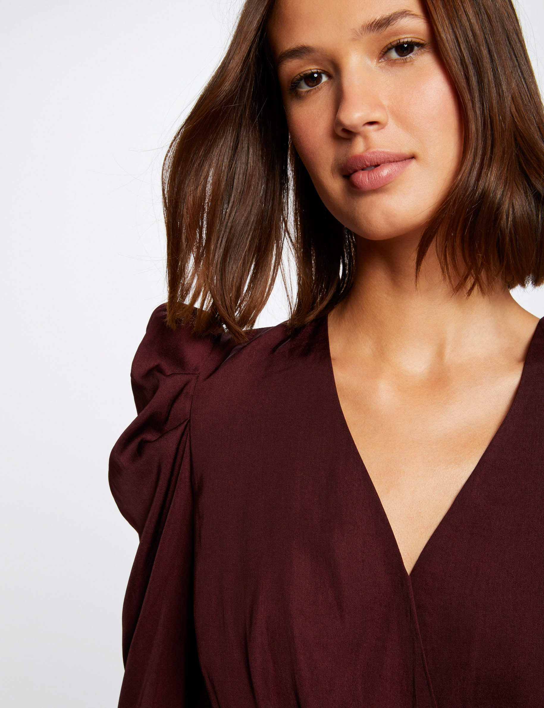 Long-sleeved blouse wrap-over neckline plum ladies' Long-sleeved blouse wrap-over neckline plum ladies'