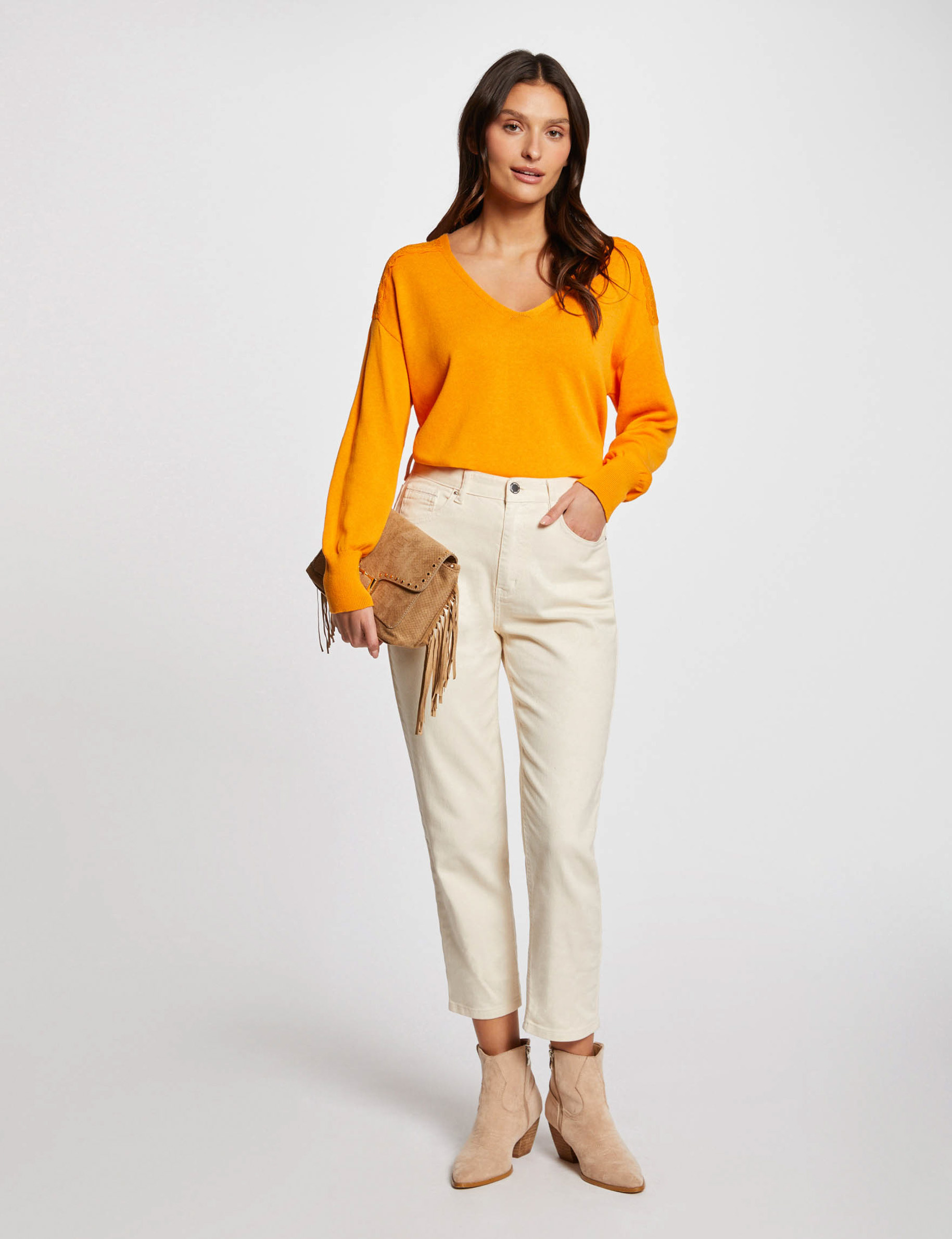 pull col en v manches longues orange femme Pull col en V manches longues orange femme