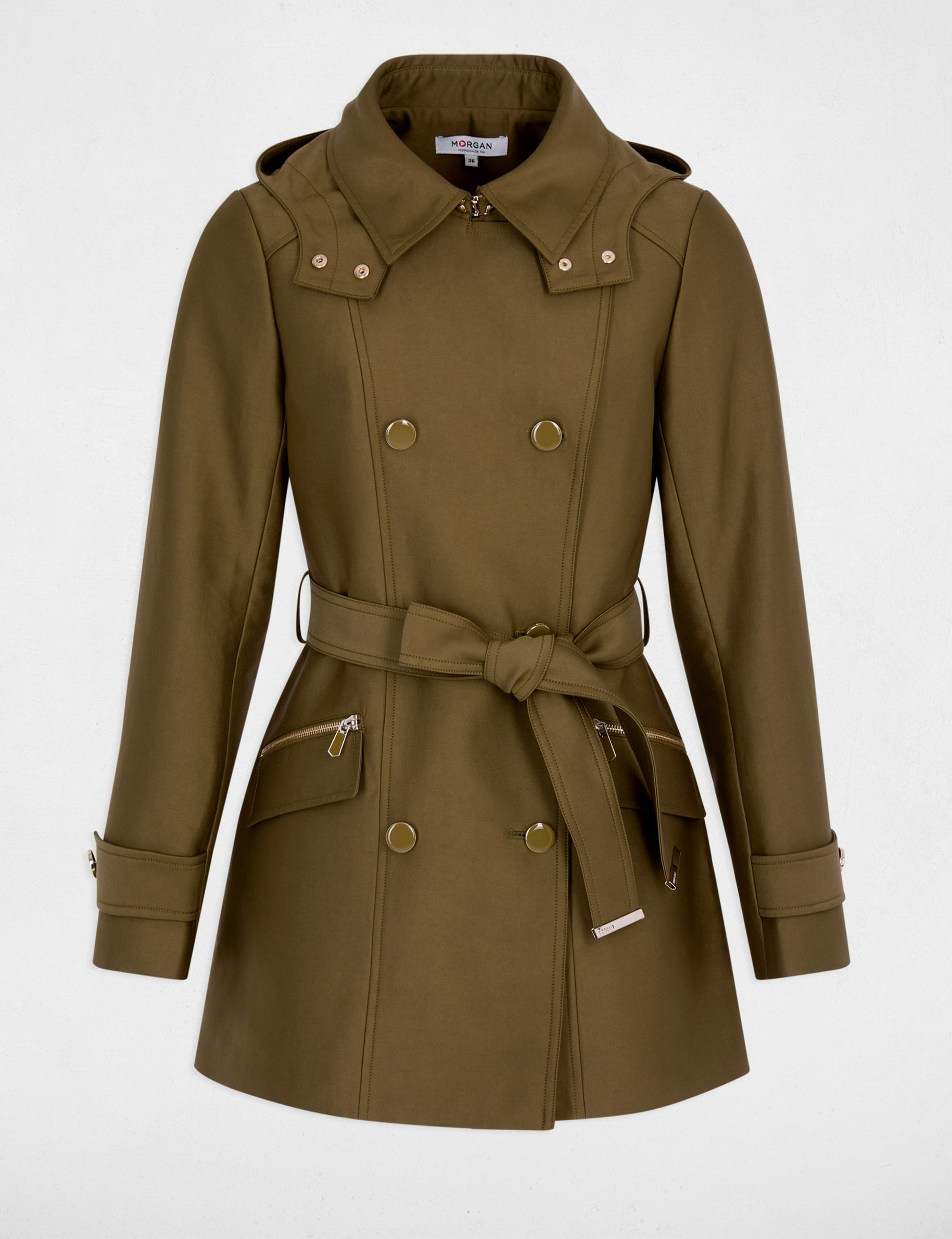 Waisted belted trenchcoat with hood khaki green women