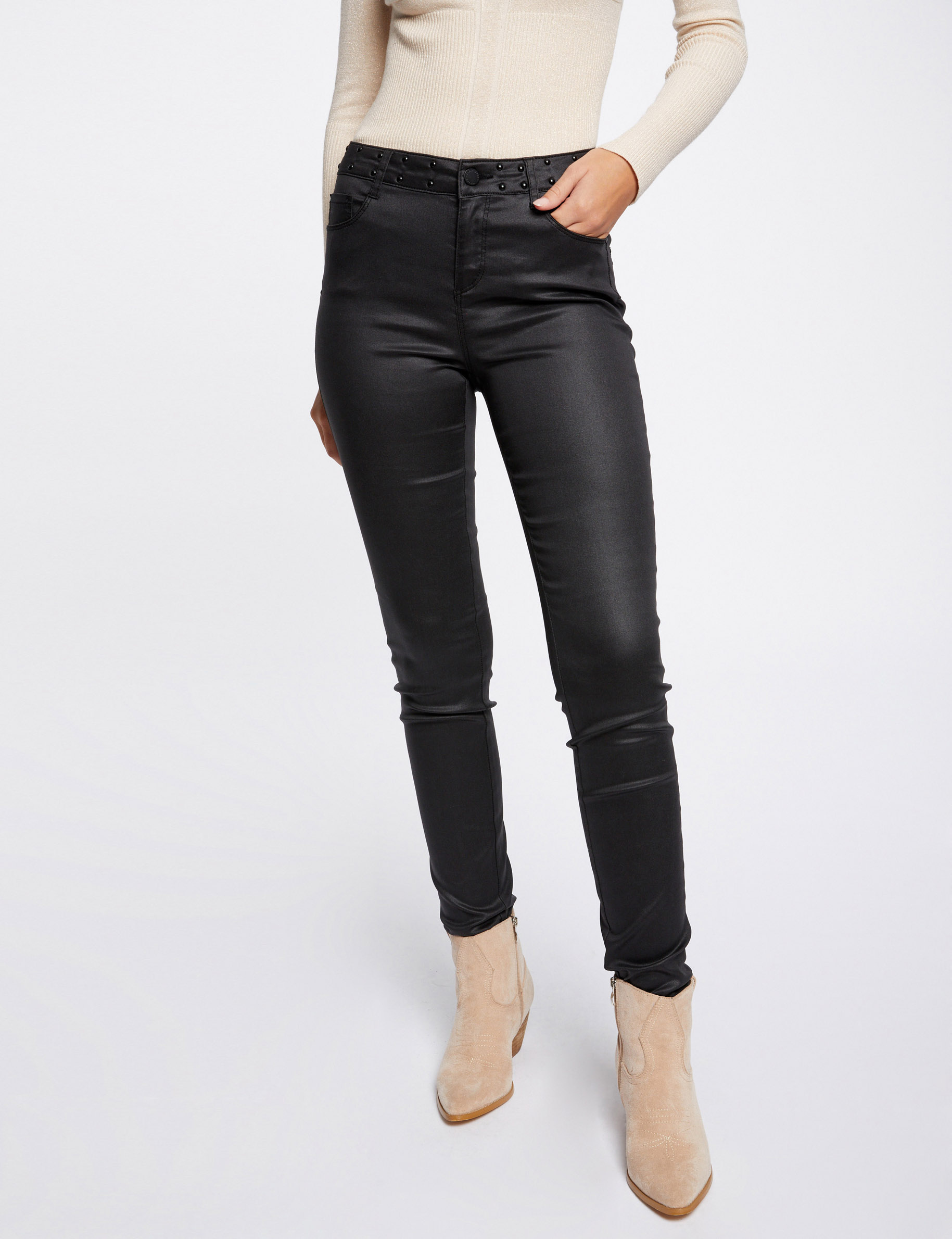 Slim trousers wet effect and studs black ladies'