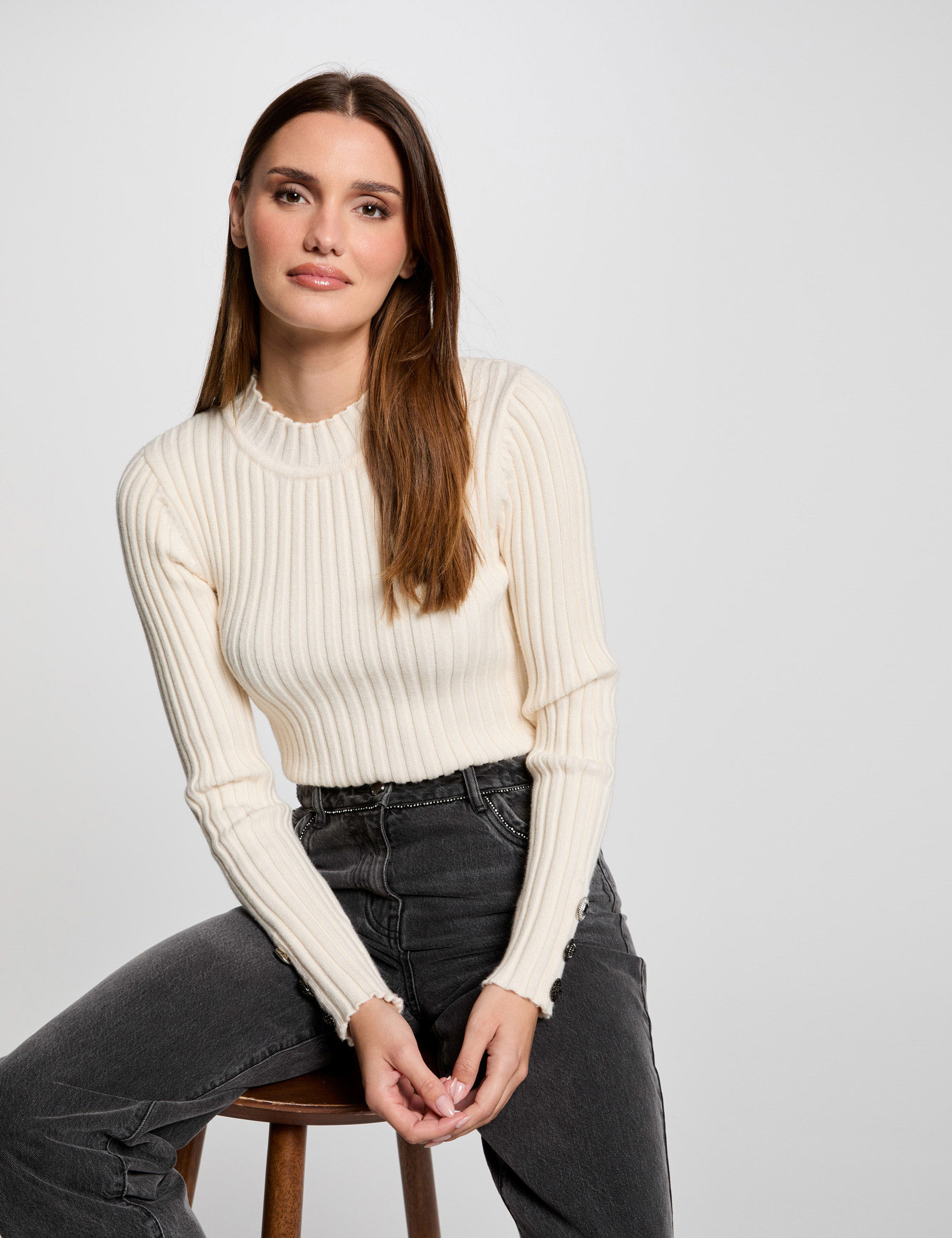 ribbed jumper high collar ivory women Ribbed jumper high collar ivory women