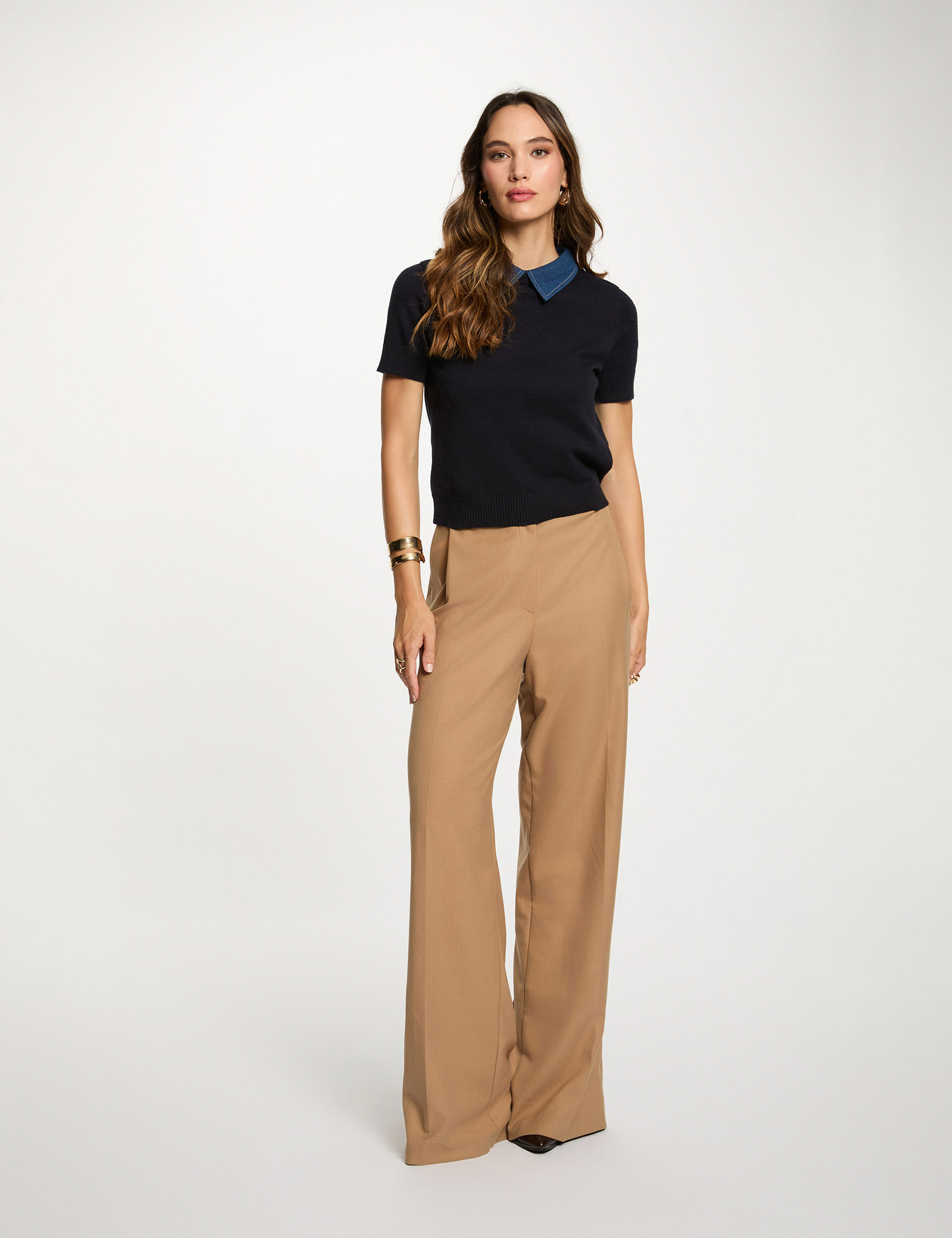 cropped sweater with shirt collar navy blue women Cropped sweater with shirt collar navy blue women