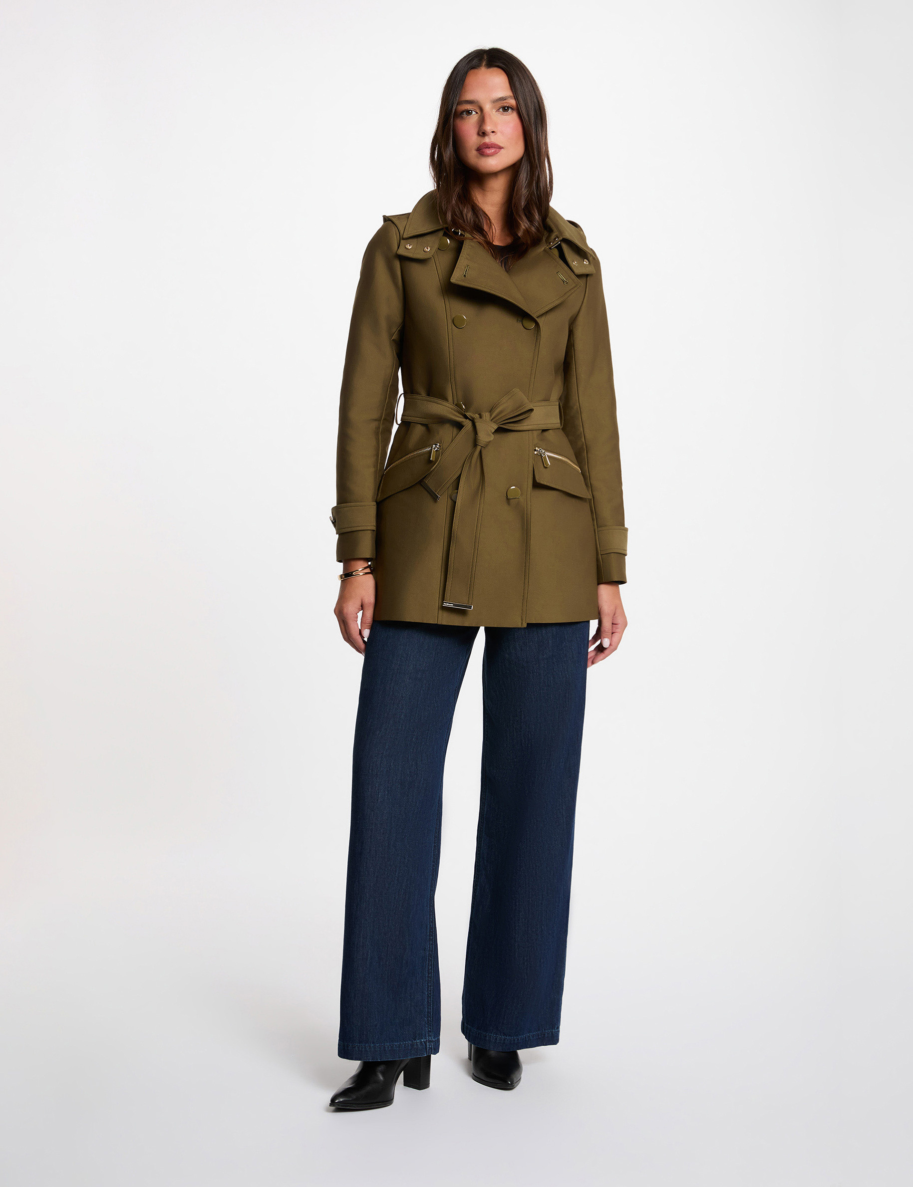 Waisted belted trenchcoat with hood khaki green women