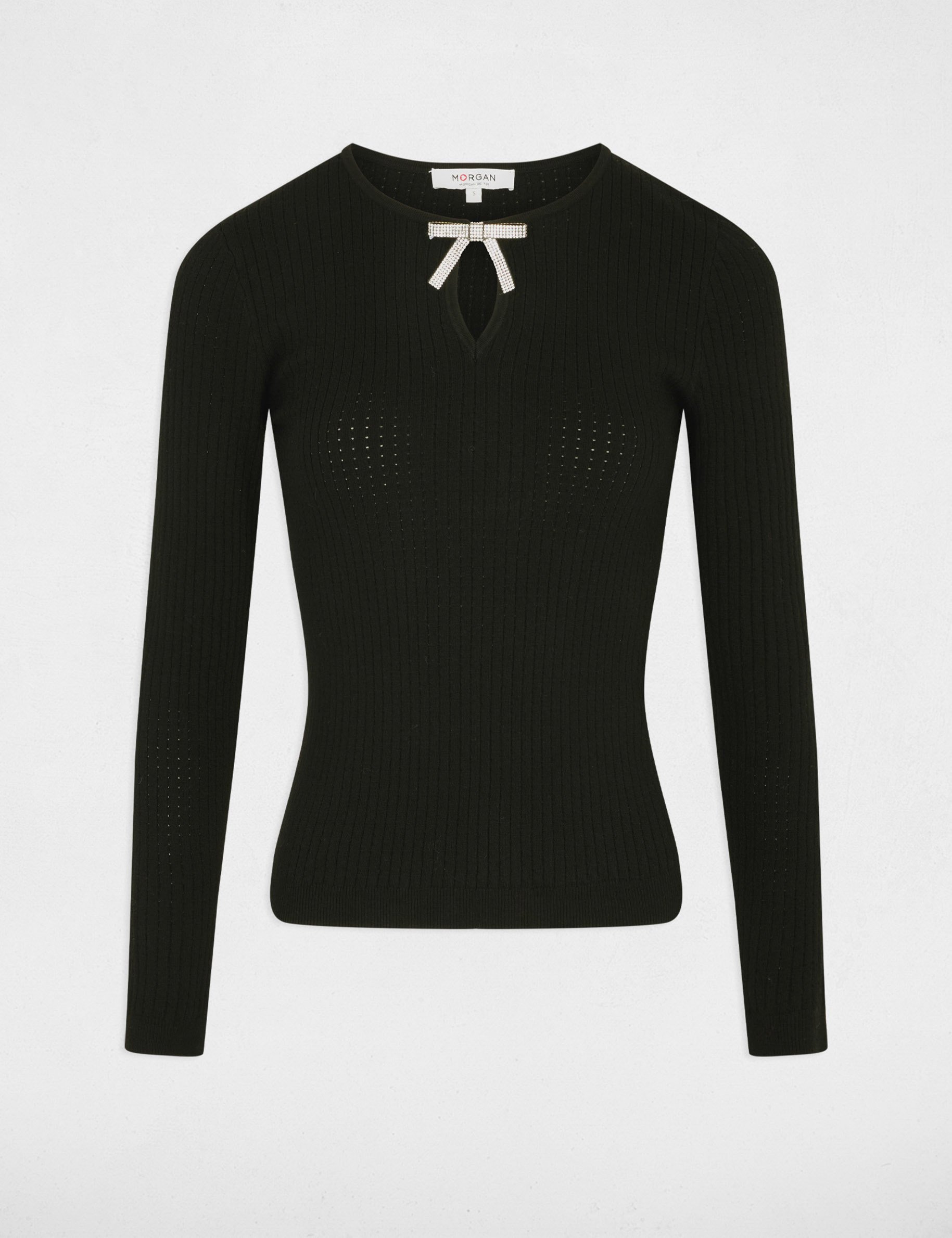 Sweater with round neck and rhinestones black women