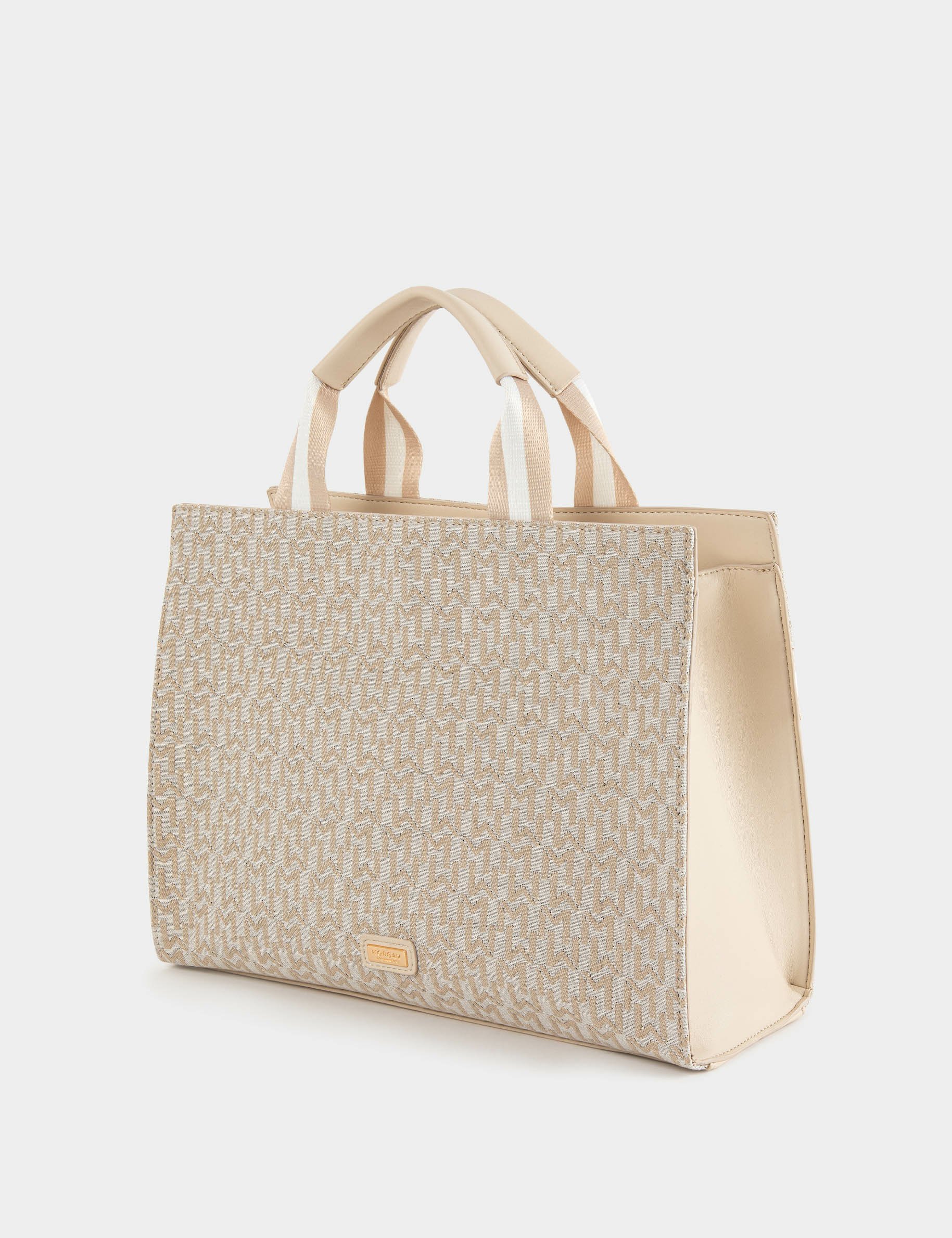 Shopper bag with monogram print beige ladies'