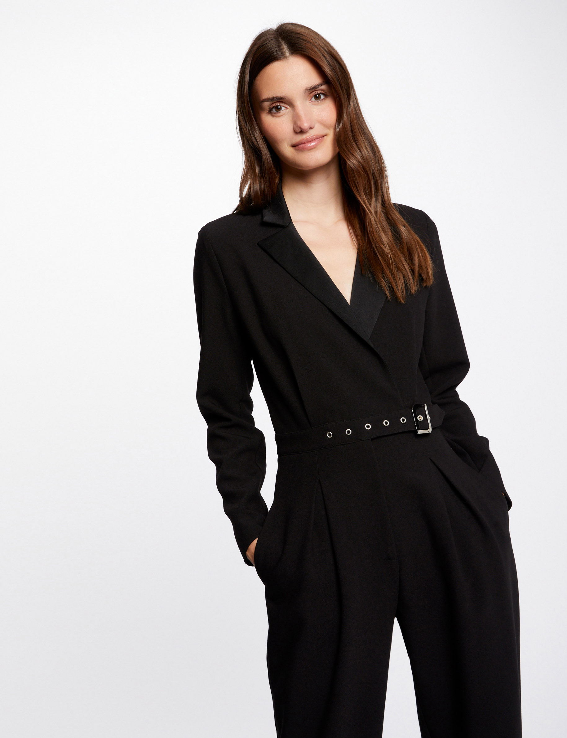 Straight belted jumpsuit black ladies'