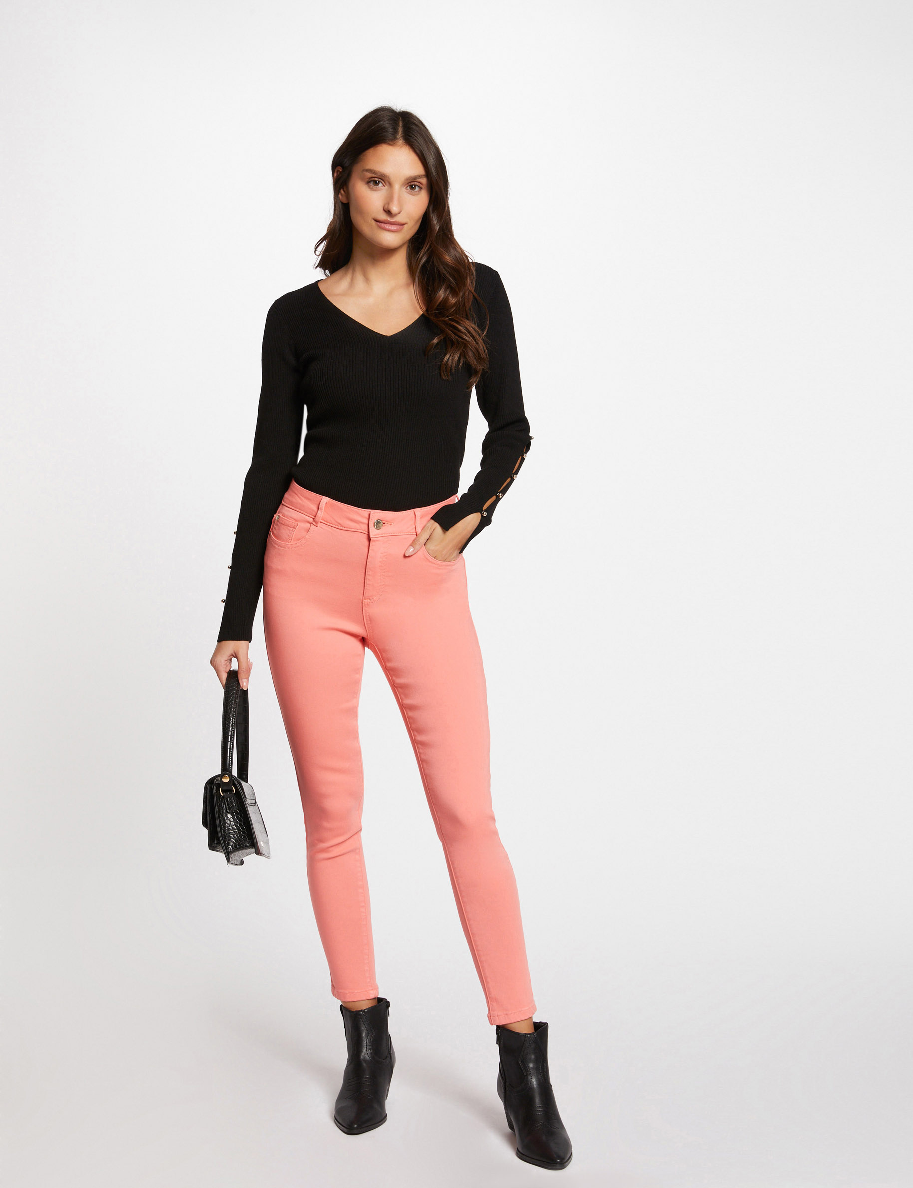 Cropped skinny trousers with 5 pockets coral ladies'