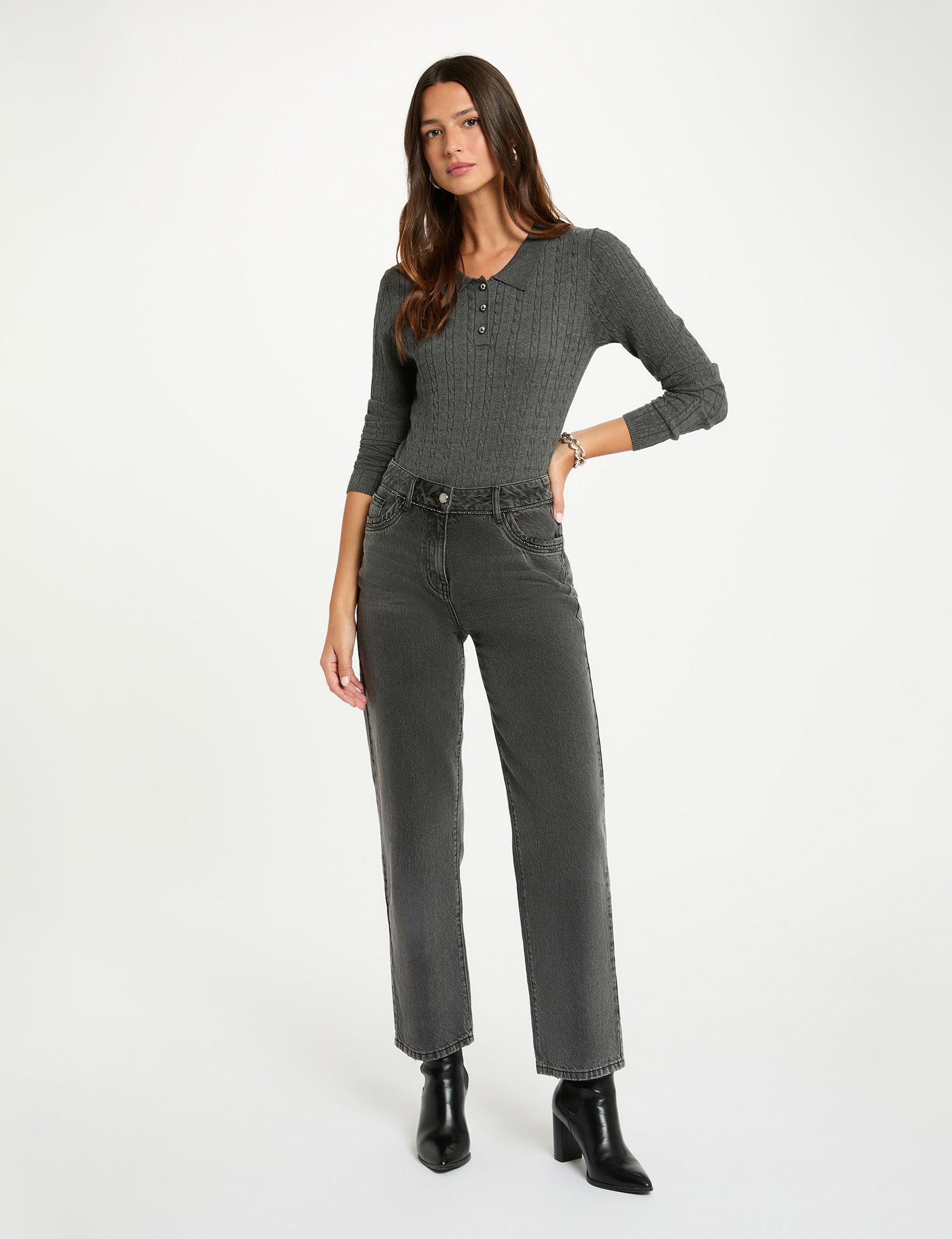 Fitted sweater with polo collar dark grey women