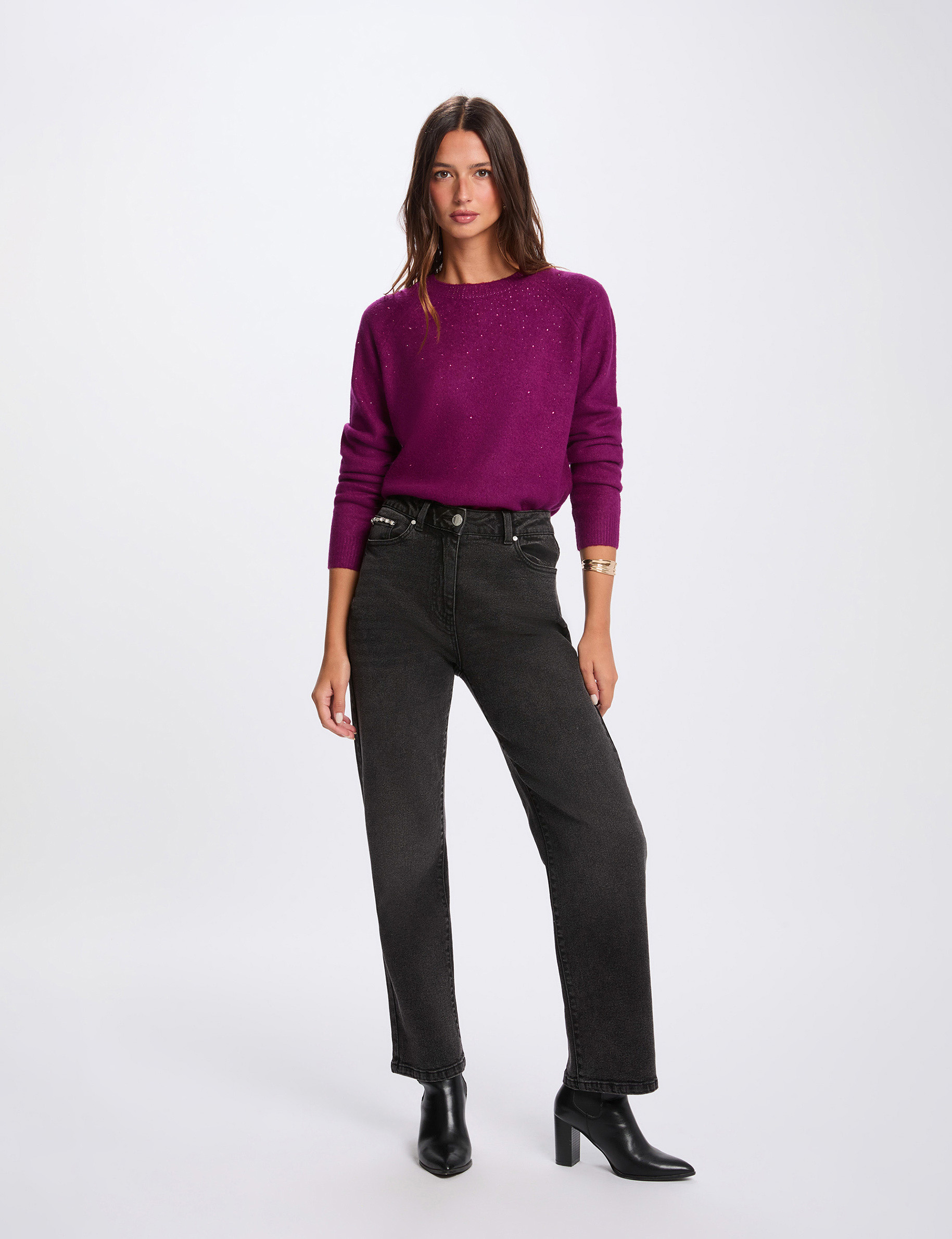 Pull ajusté strass violet femme