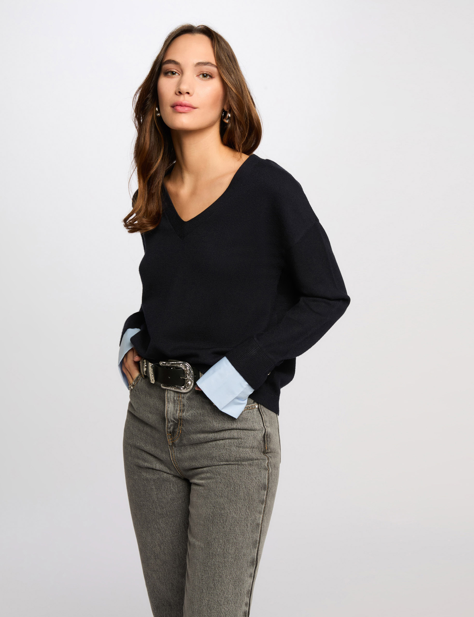 pull col en v bleu marine femme Pull col en V bleu marine femme