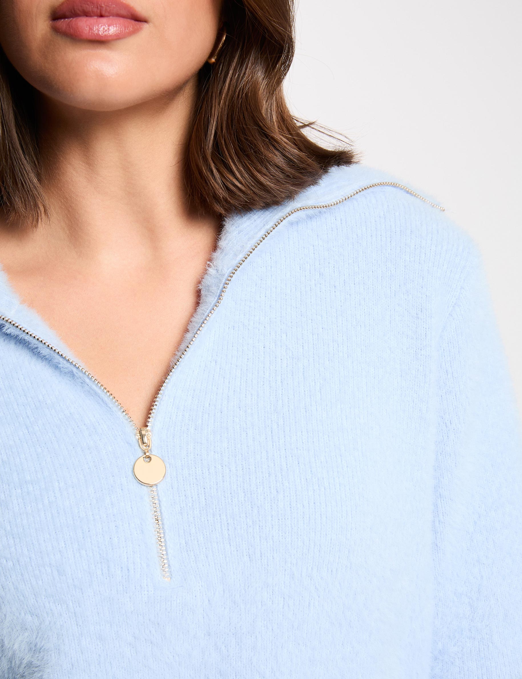 Long-sleeved jumper with zipped collar sky blue women