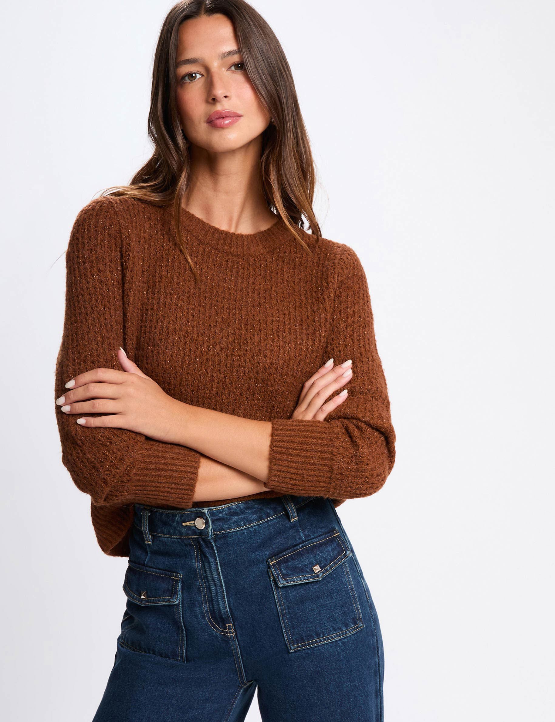 Jumper round neck long sleeves cognac brown women