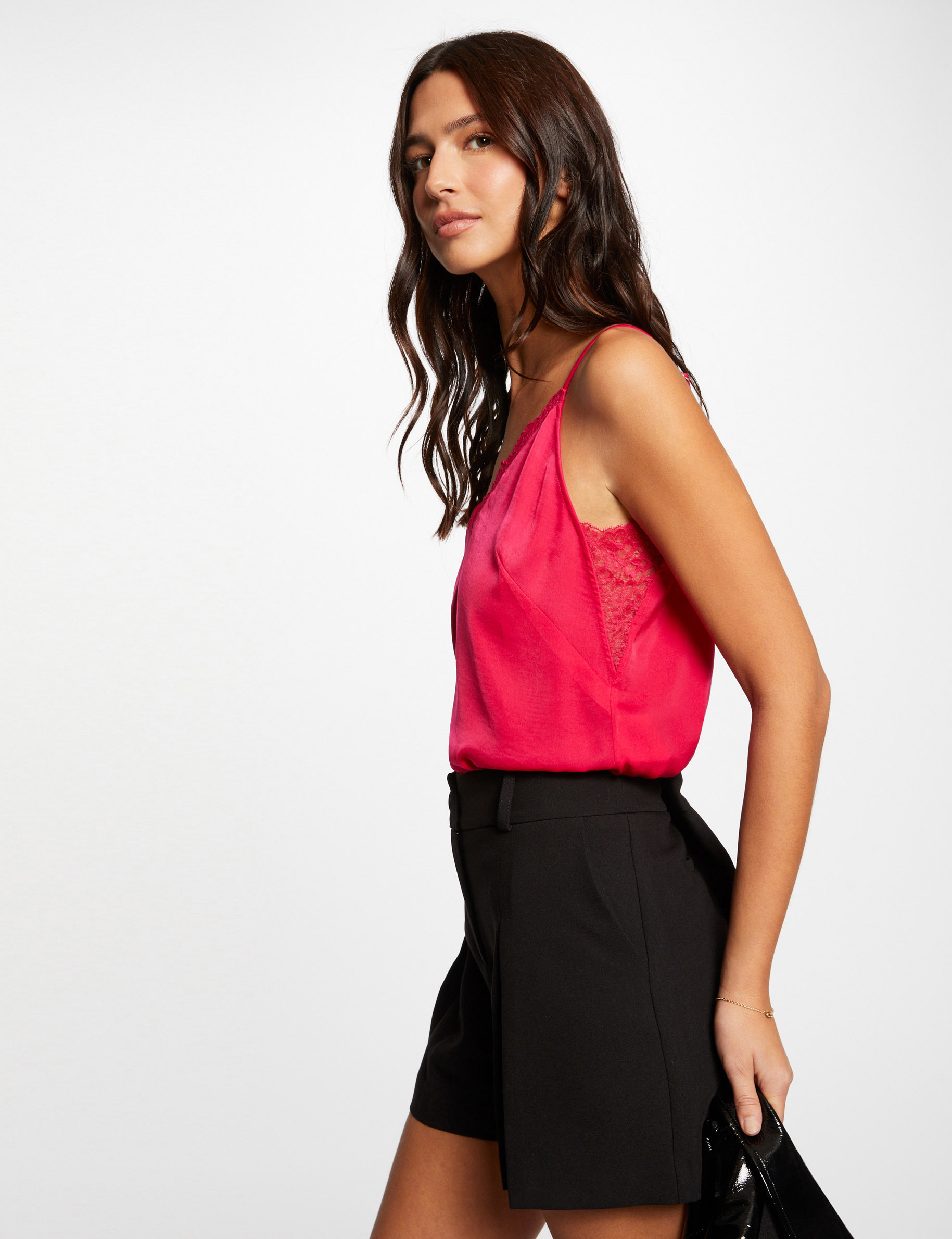 Blouse with thin straps and lace fuchsia ladies'