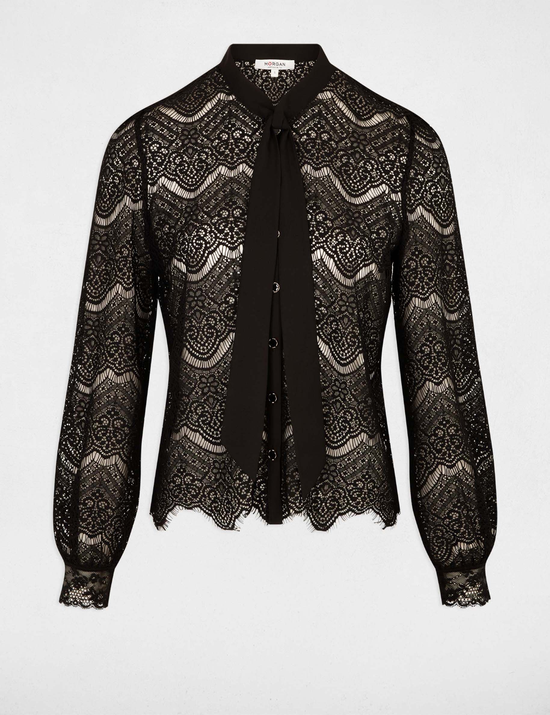Lace shirt with lavallière tie black women