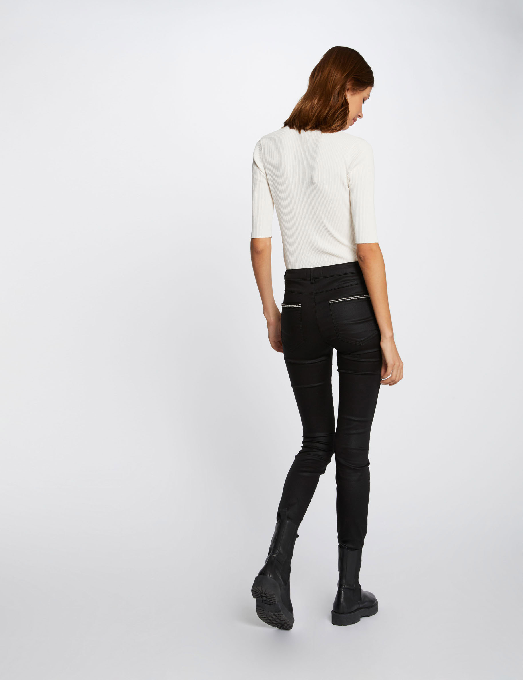 Slim trousers with wet effect black ladies'