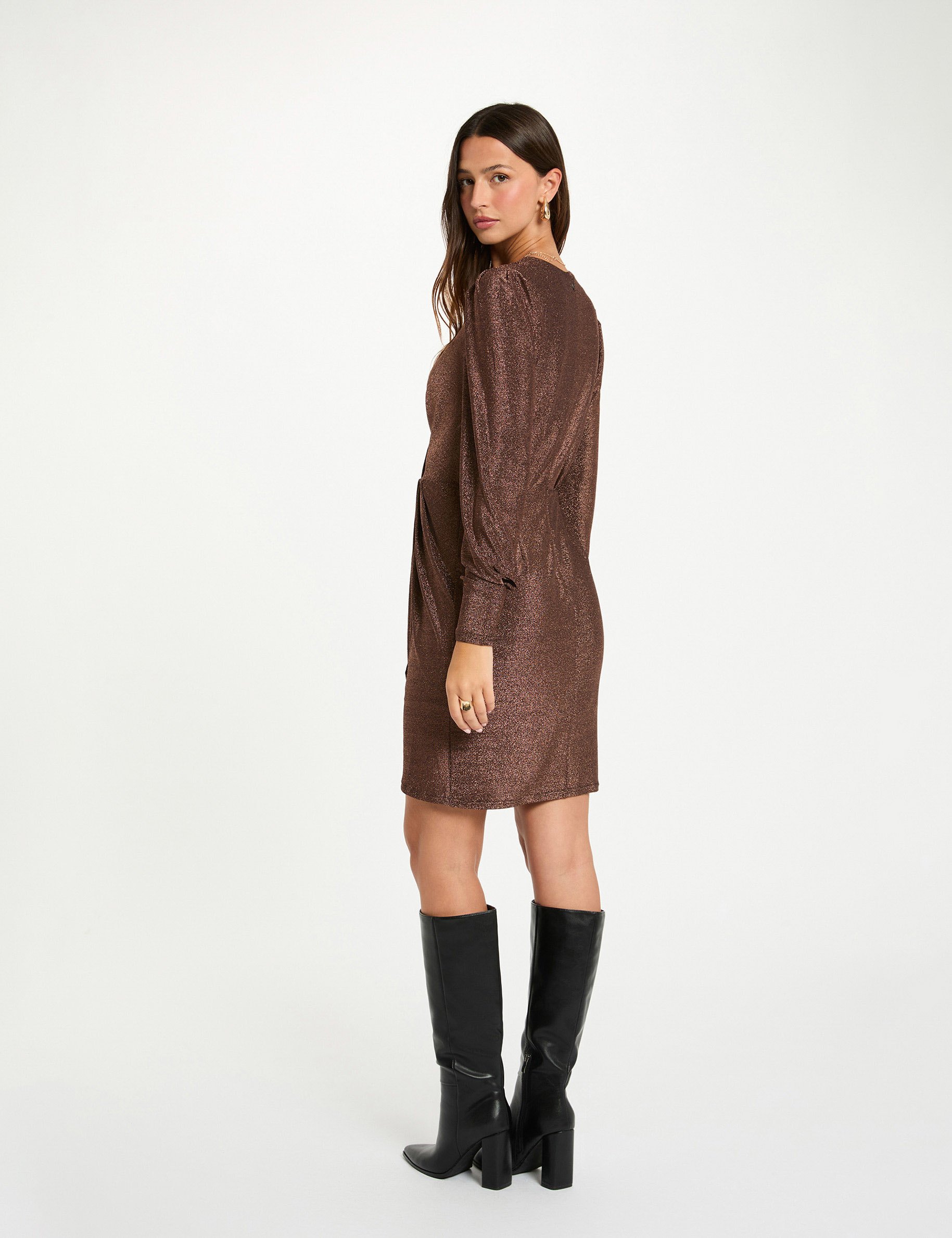 Fitted draped dress metallised threads bronze color women