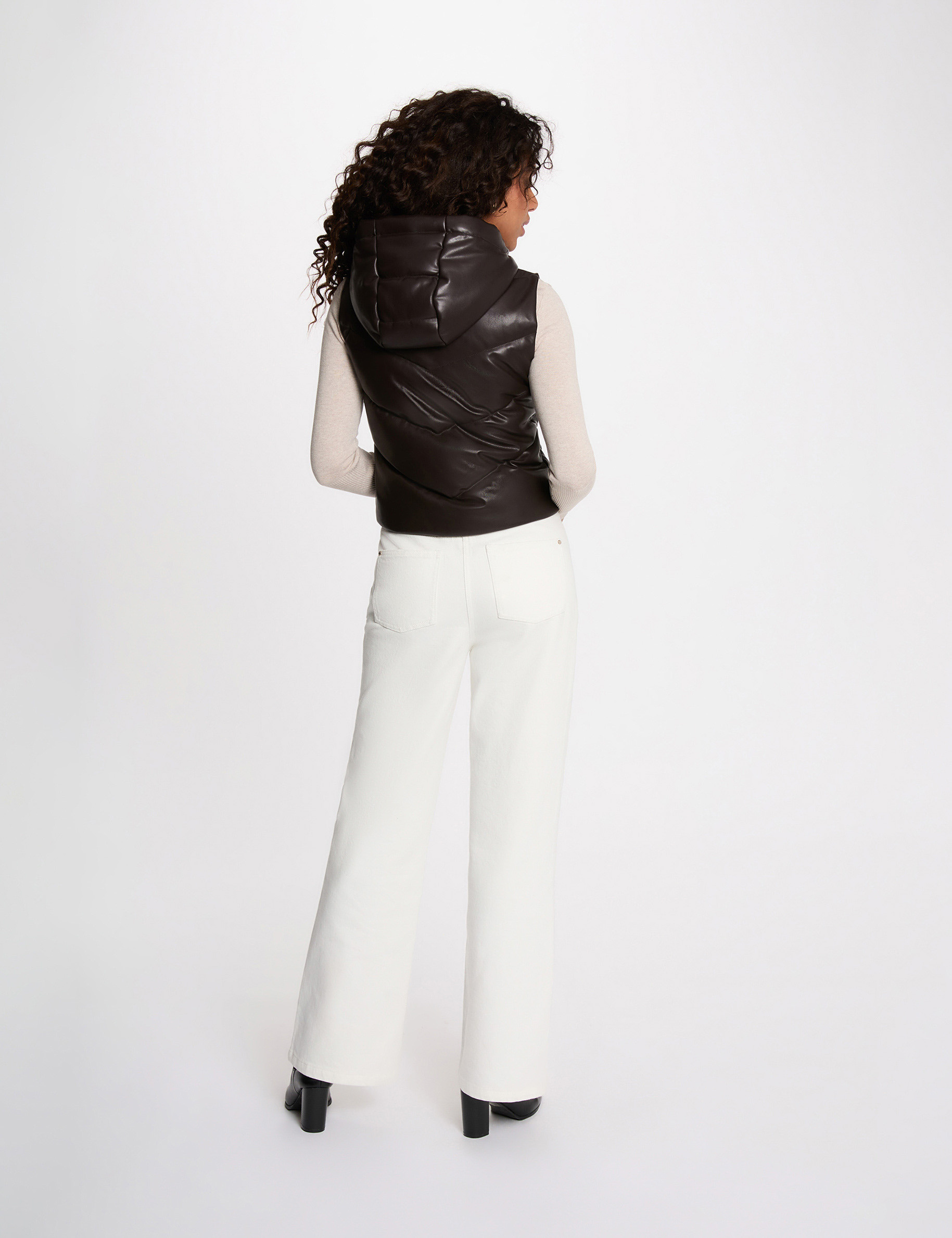 Faux leather padded jacket with hood dark brown women