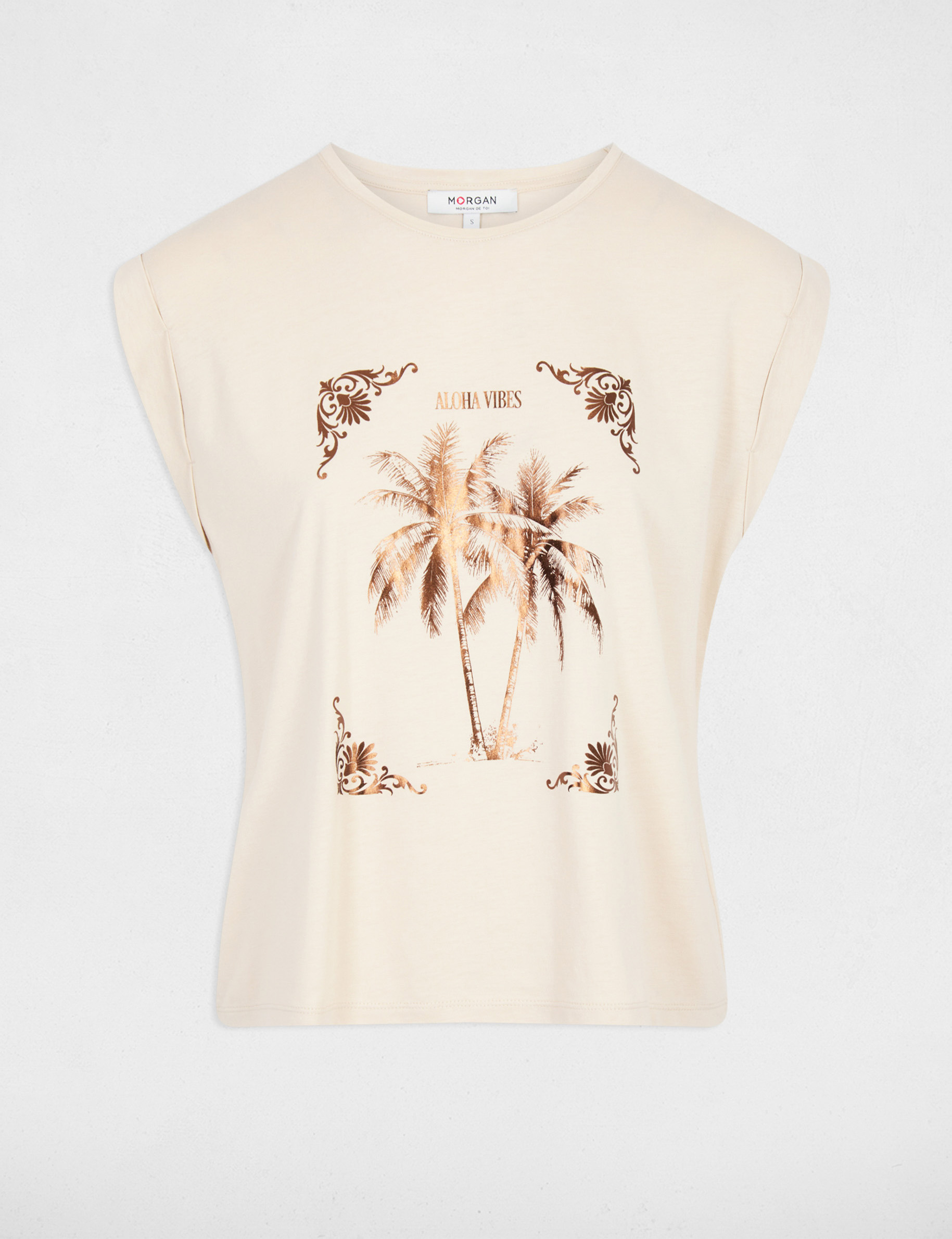 Printed t-shirt with round neck light beige women