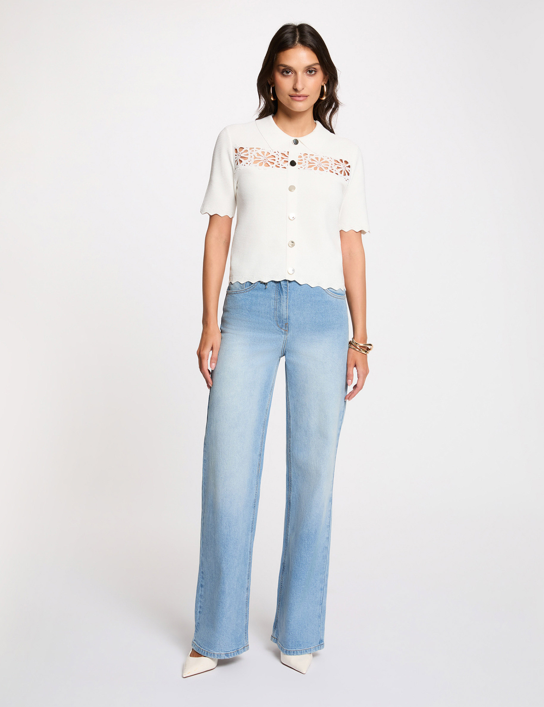 Embroidered openwork sweater white women