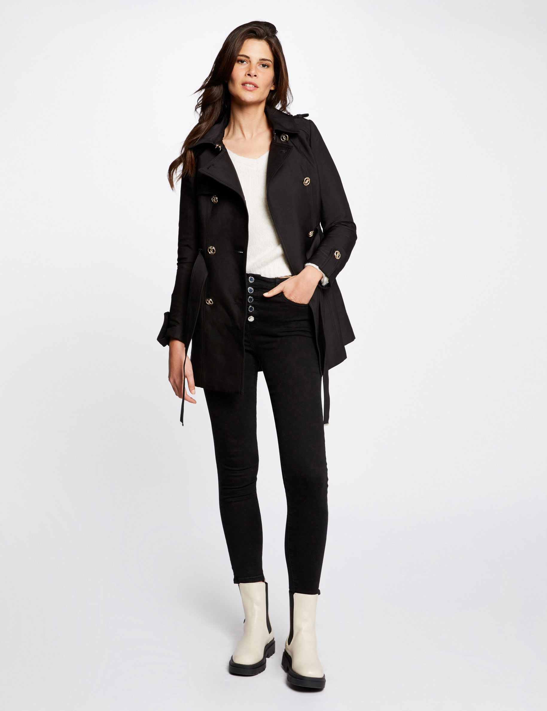 Straight belted trenchcoat with hood black ladies'