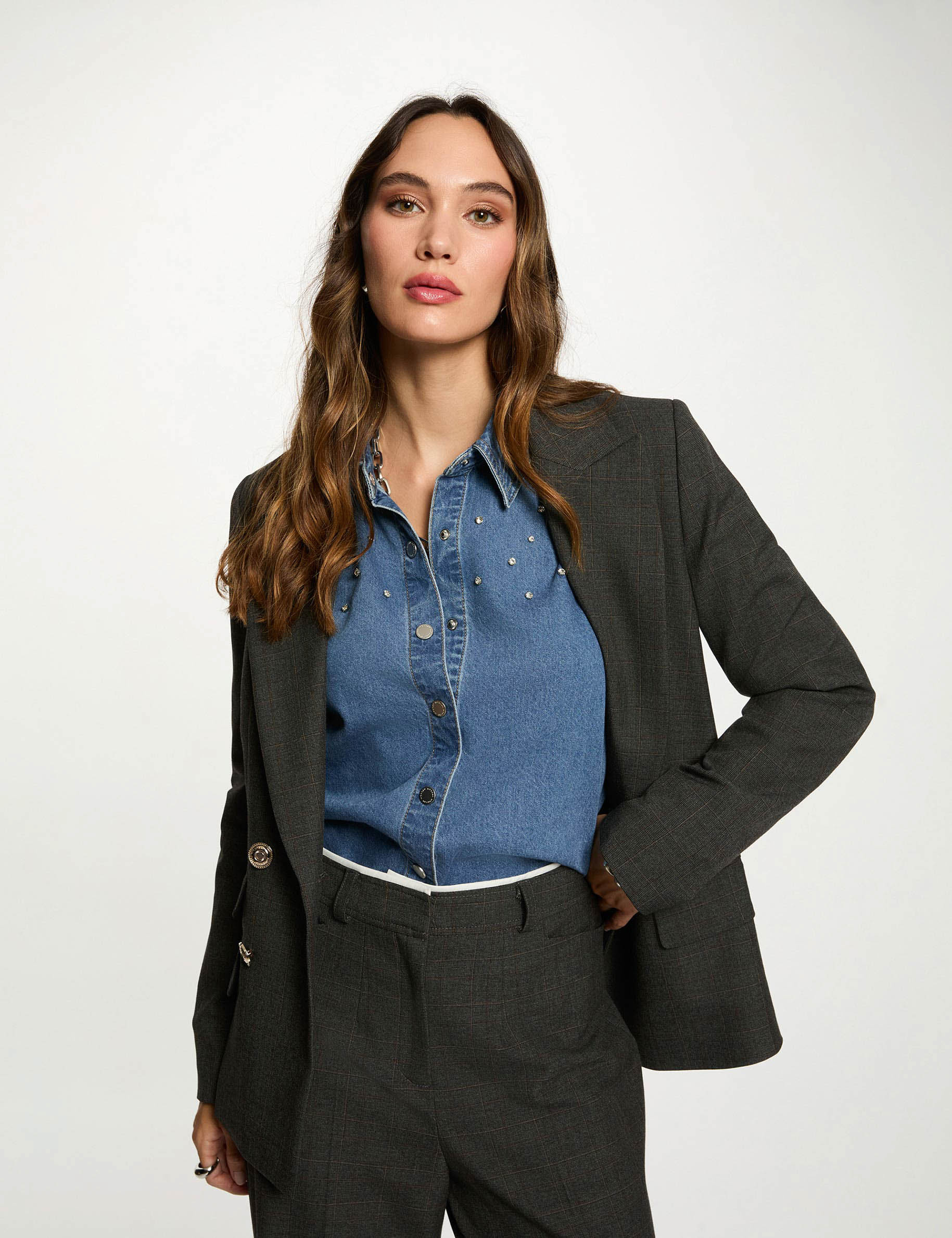 checked straight cut blazer mid grey women Checked straight-cut blazer mid-grey women