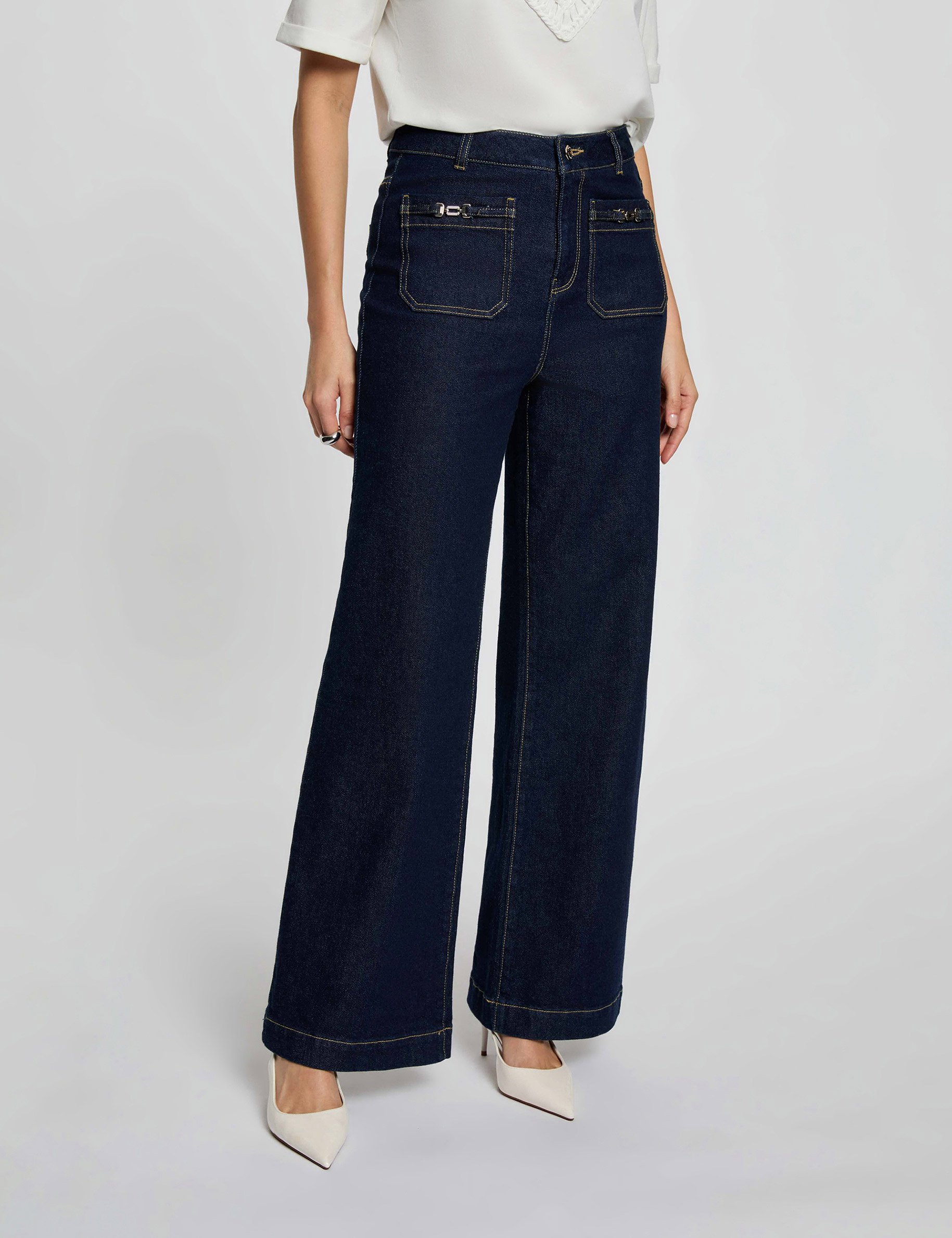 Wide leg jeans with ornaments raw denim women