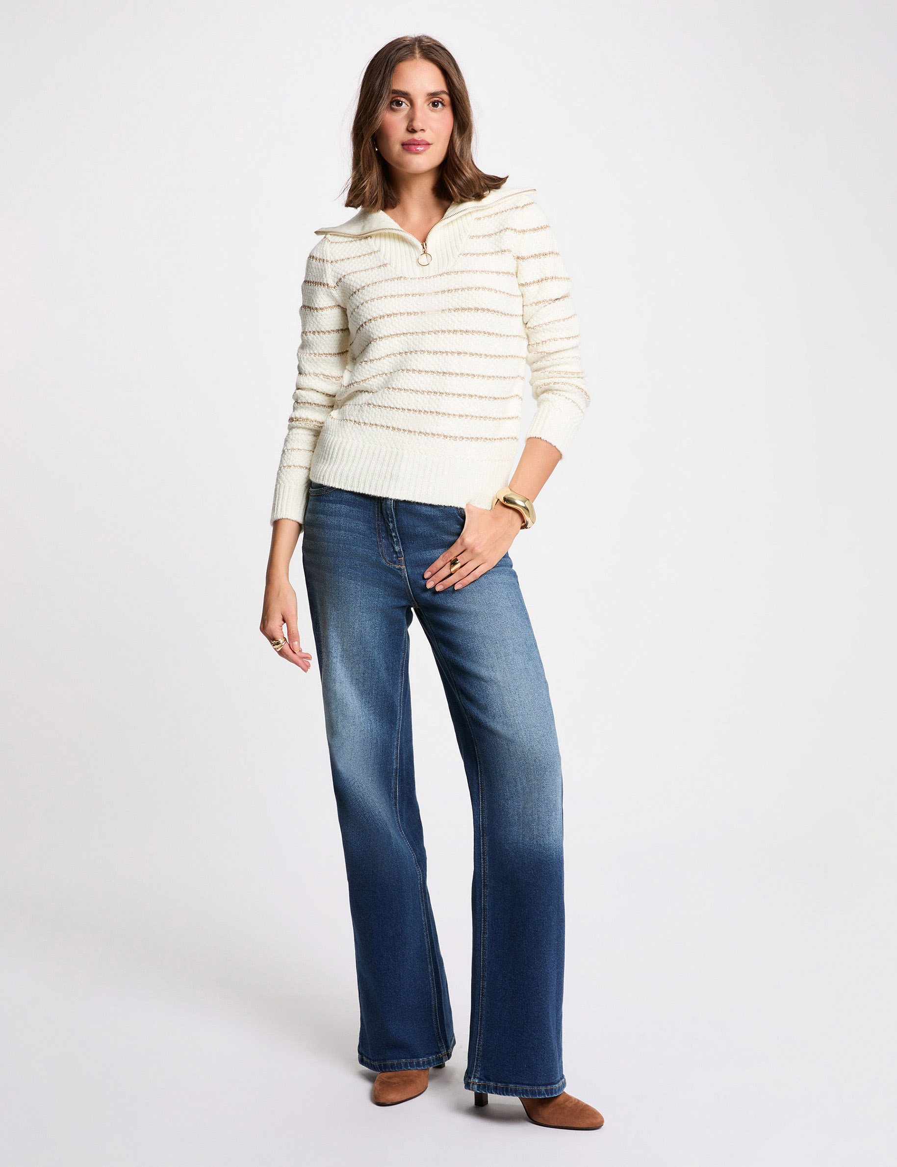 Sweater with a high neck zip fastening ivory women
