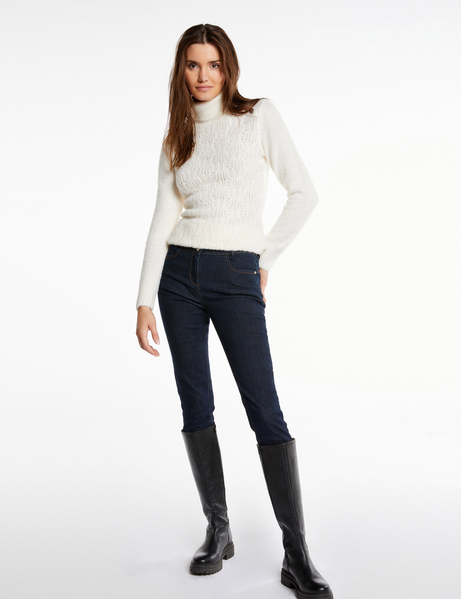 Long-sleeved openwork turtleneck jumper ecru ladies'