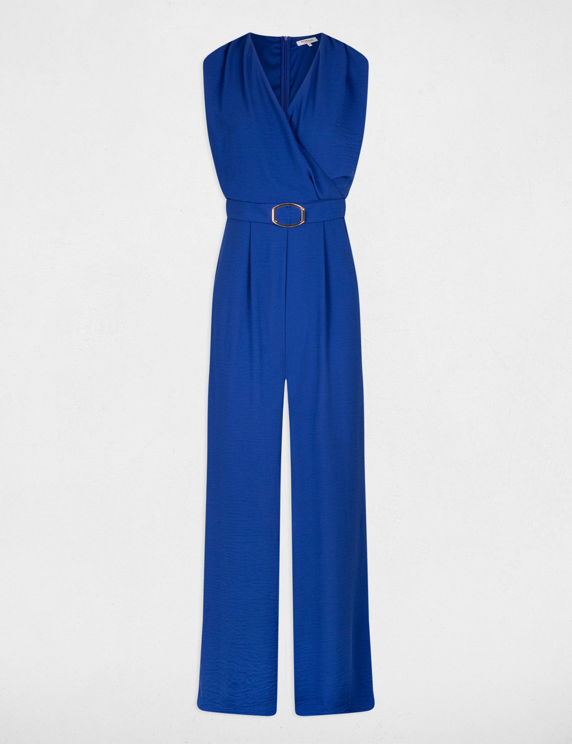 combinaison jambe large detail boucle bleu electrique femme Combinaison jambe large détail boucle bleu electrique femme