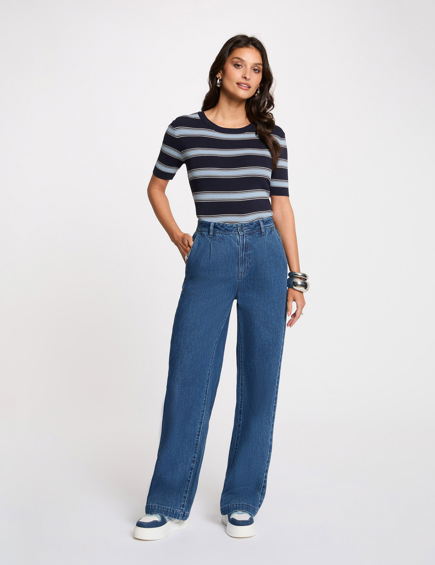 Fitted short-sleeve sweater navy blue women