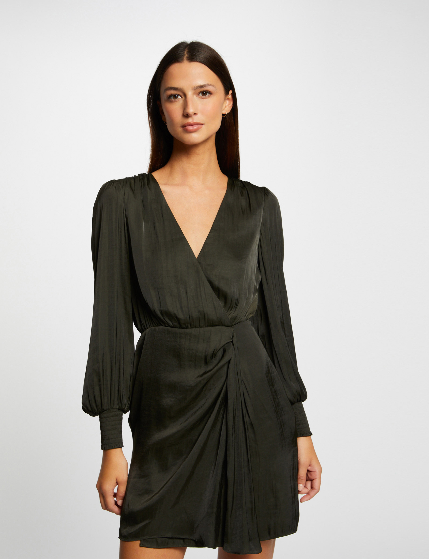 Satin draped waisted dress dark green ladies'