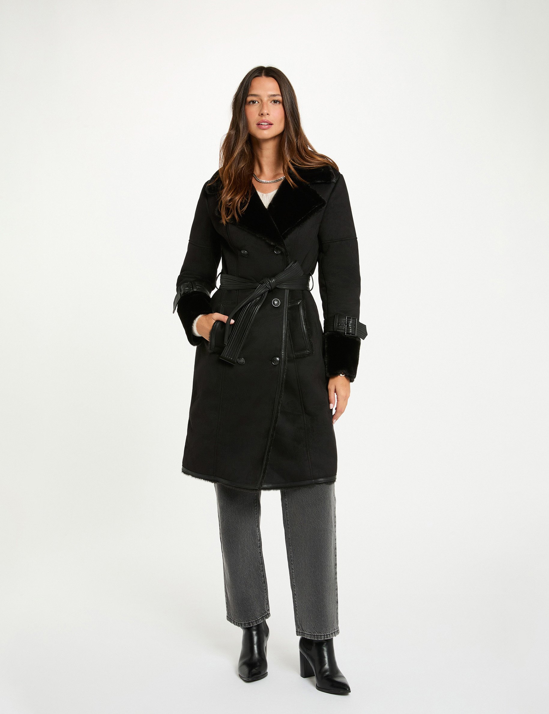 Fitted trench with faux fur black women