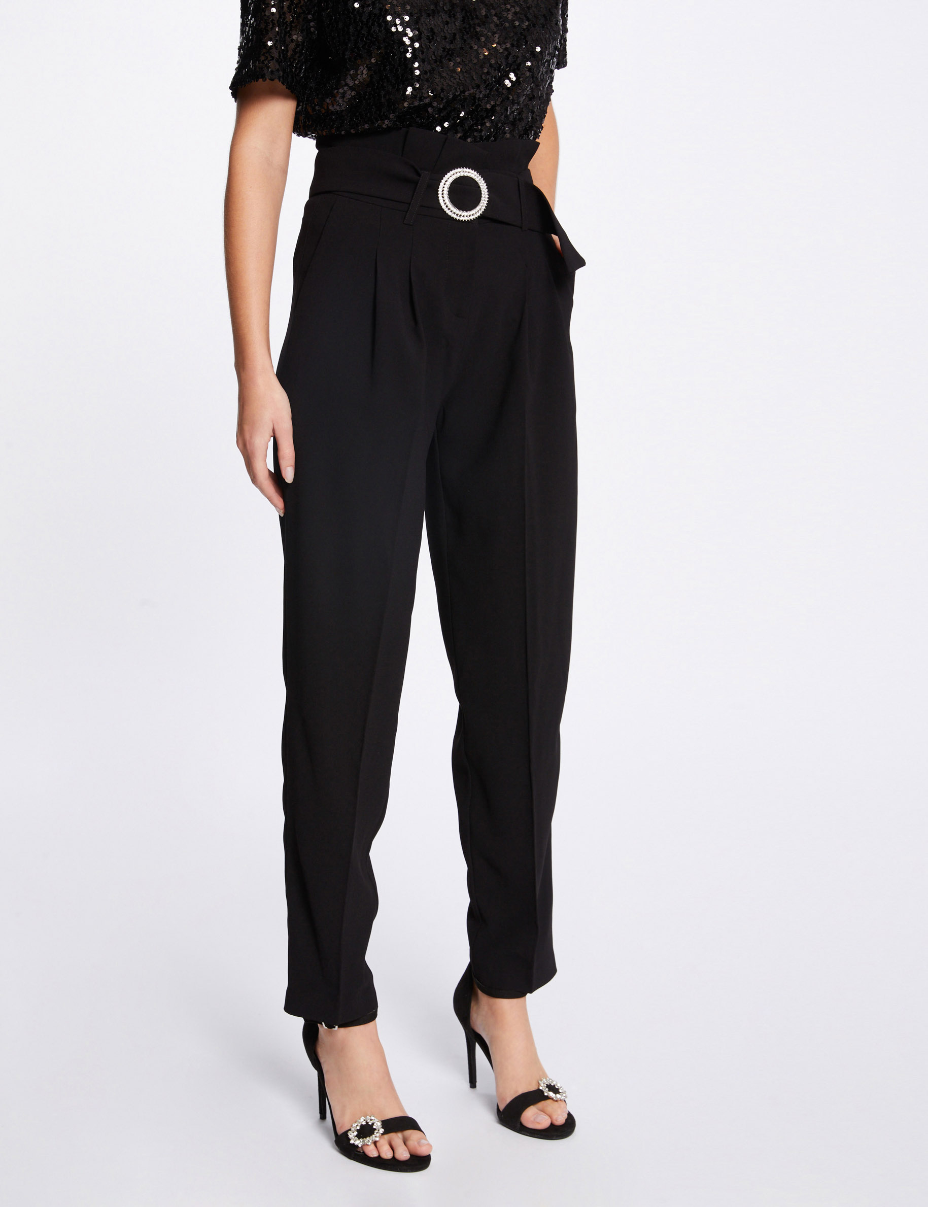 High-waisted straight belted trousers black ladies'