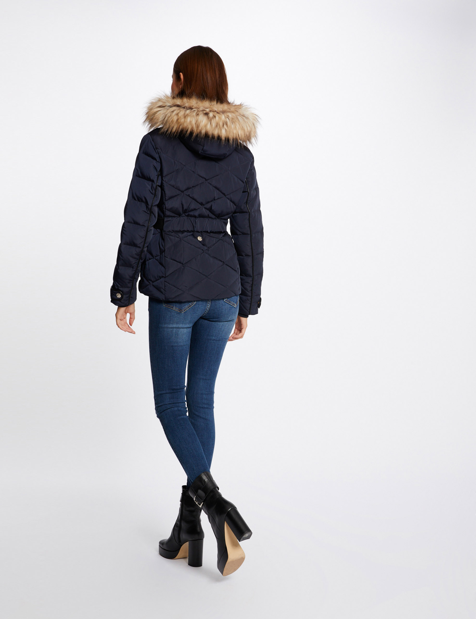 Straight belted padded jacket with hood navy ladies'