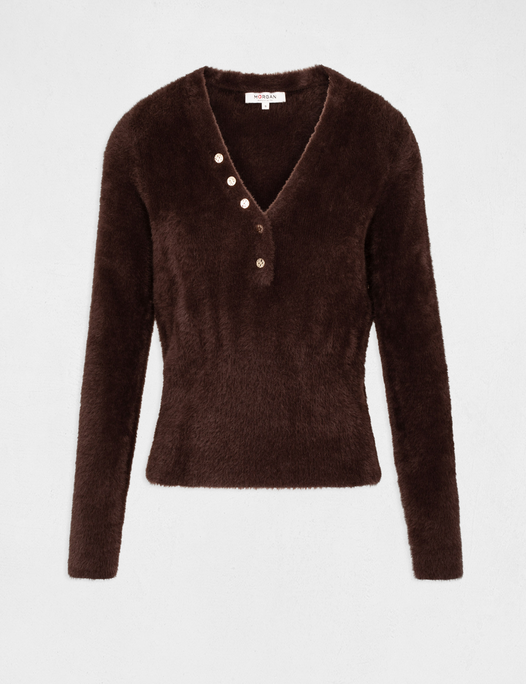 Long-sleeved jumper with V-neck dark brown ladies'