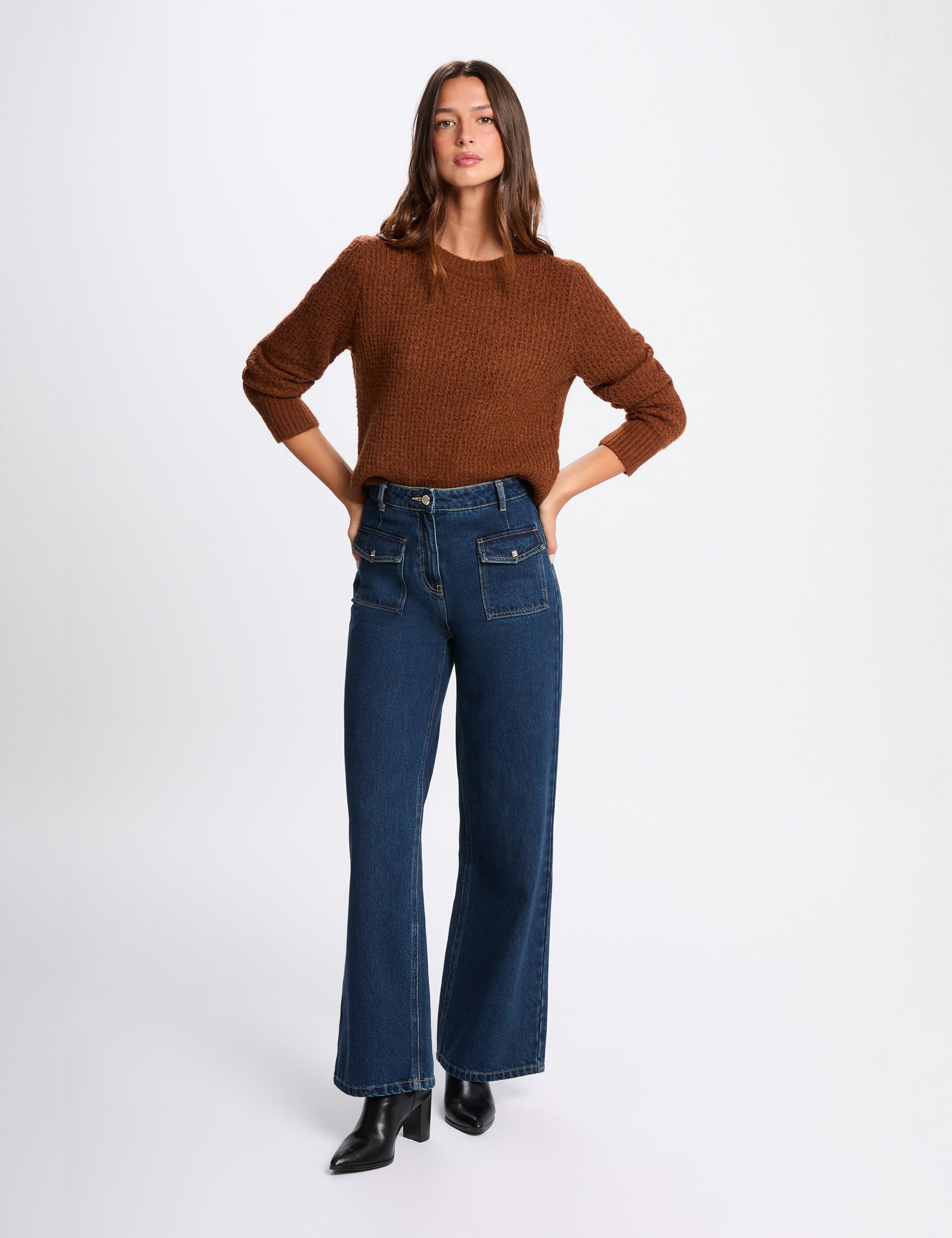 Jumper round neck long sleeves cognac brown women