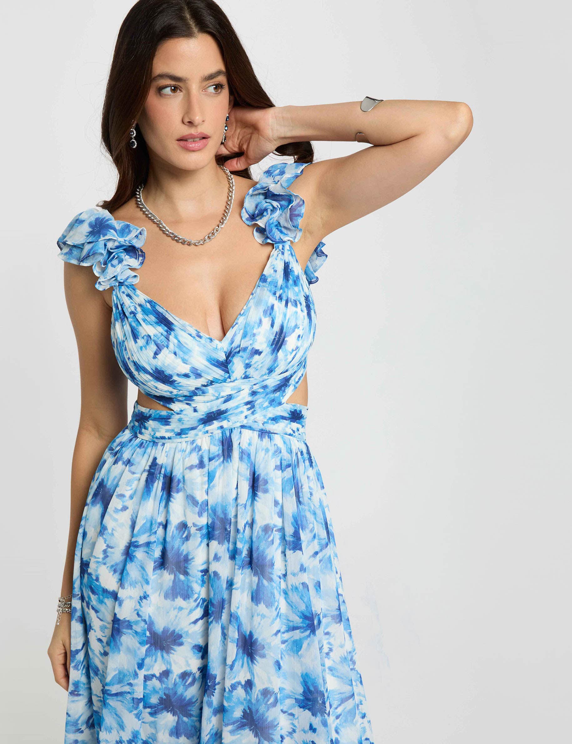 Floral flared maxi dress navy blue women