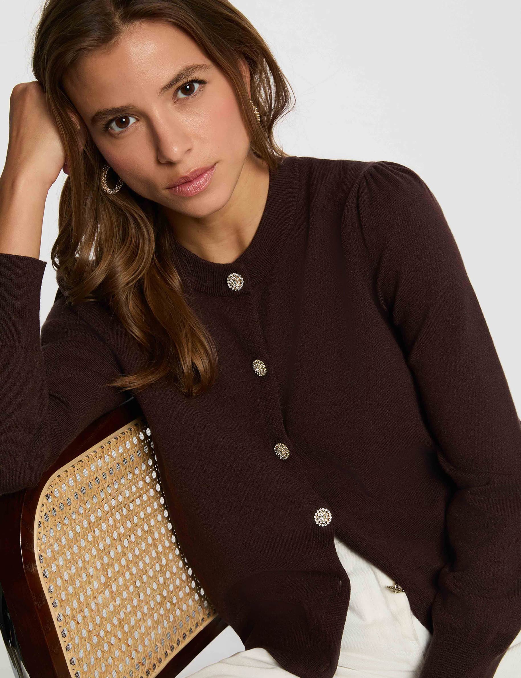 Knitted cardigan round neck dark brown women